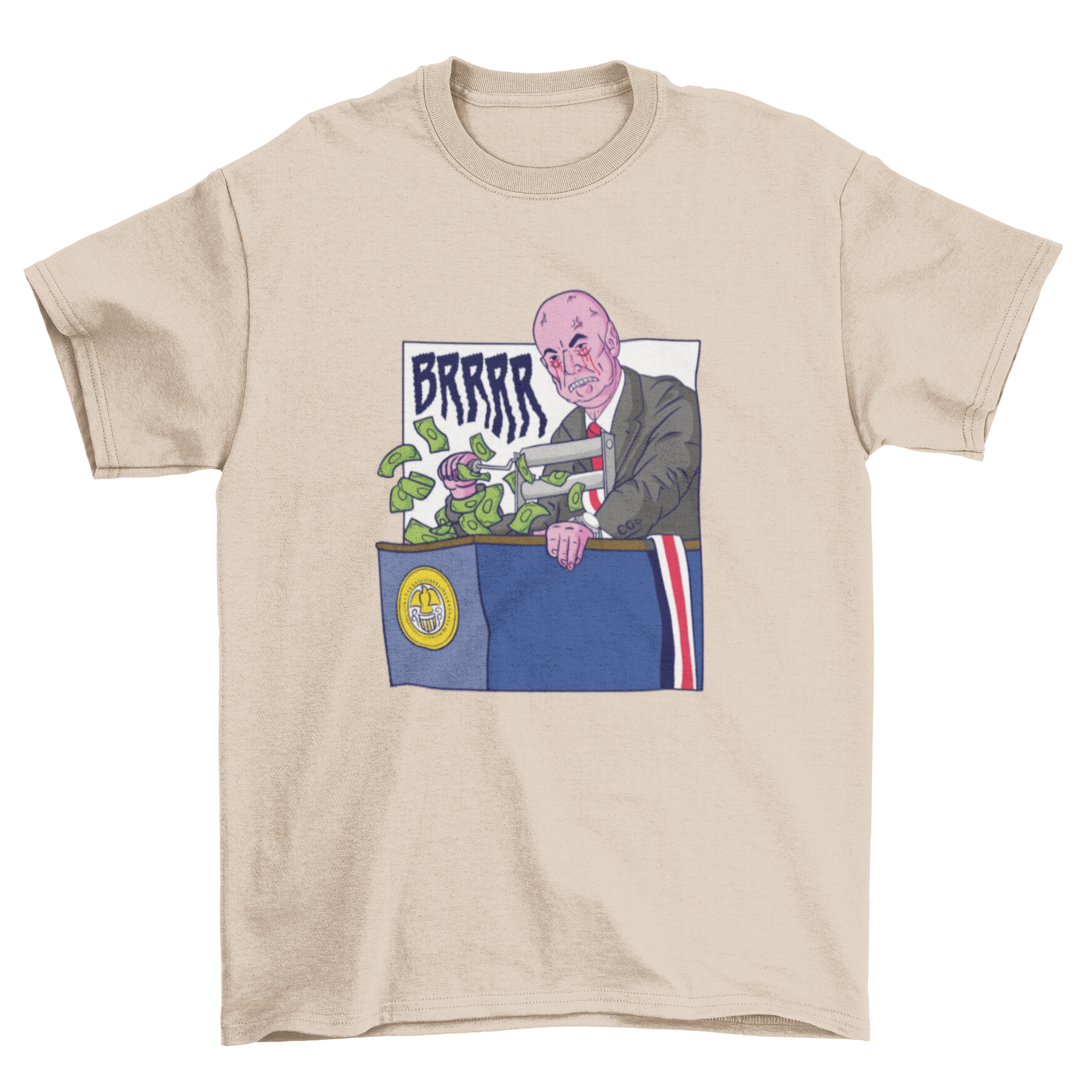 A humorous t-shirt design featuring a man printing money with the quote 'Brrrr', perfect for meme enthusiasts.