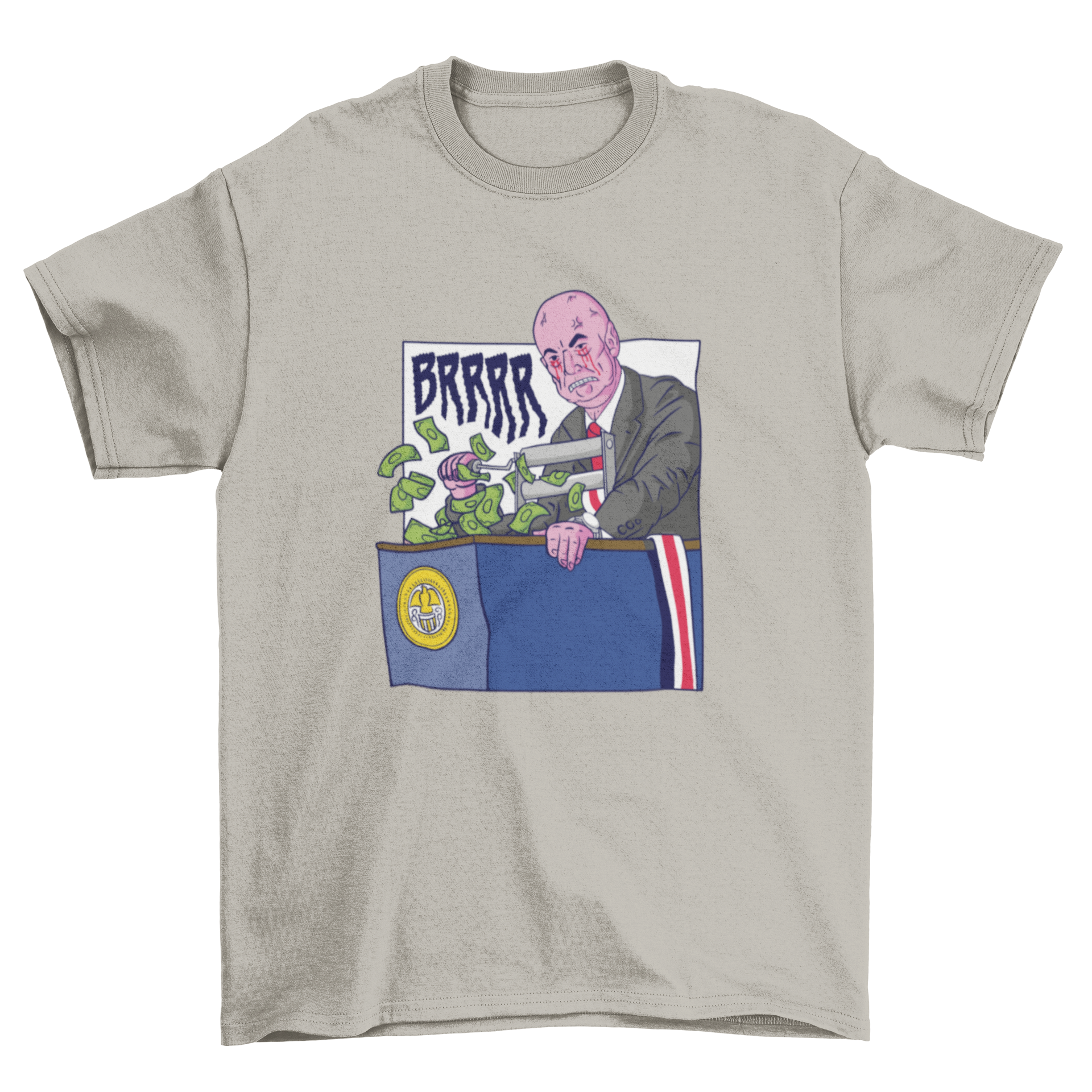 A humorous t-shirt design featuring a man printing money with the quote 'Brrrr', perfect for meme enthusiasts.