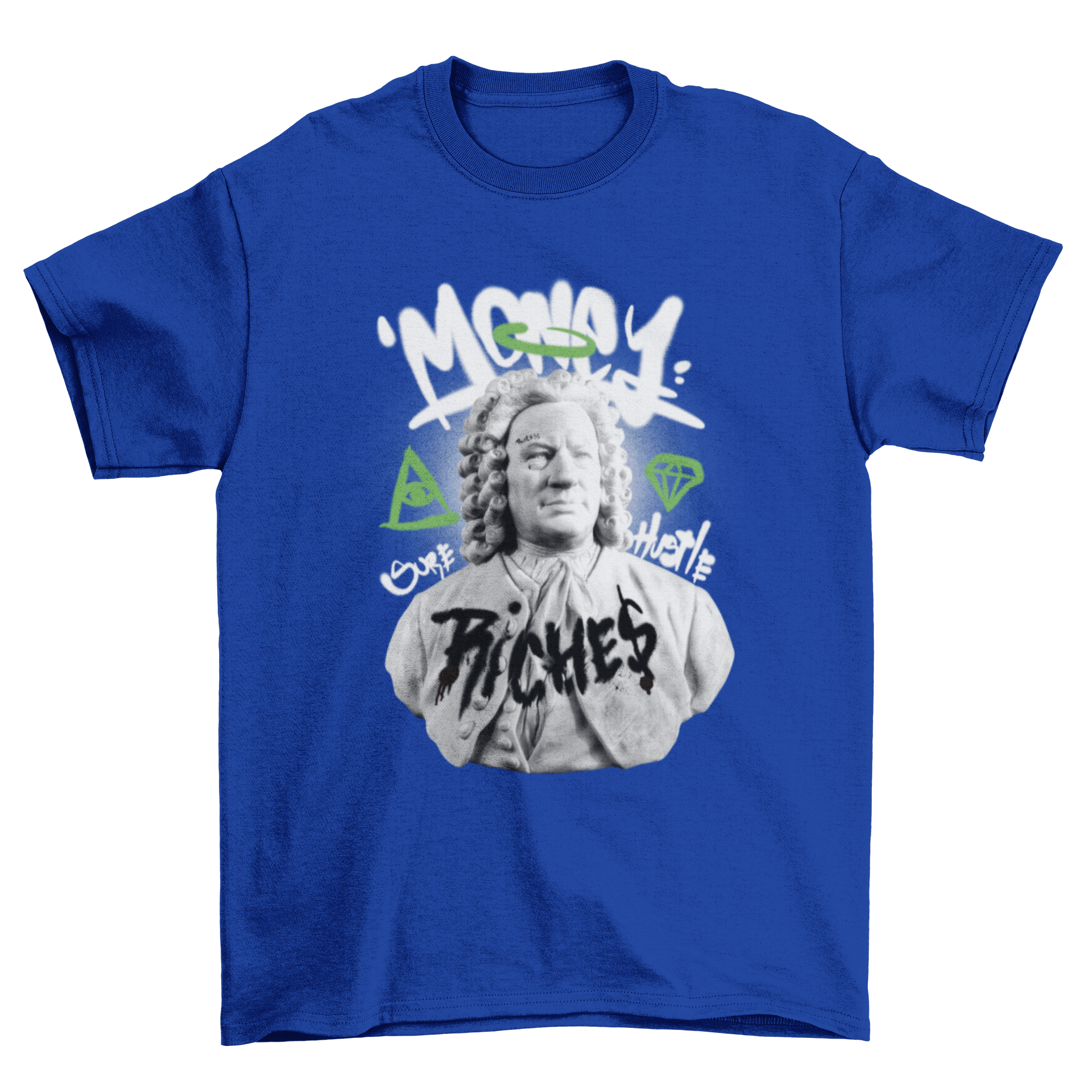 Money Statue Graffiti T-Shirt design featuring a sculpture with vibrant graffiti and quotes about wealth.