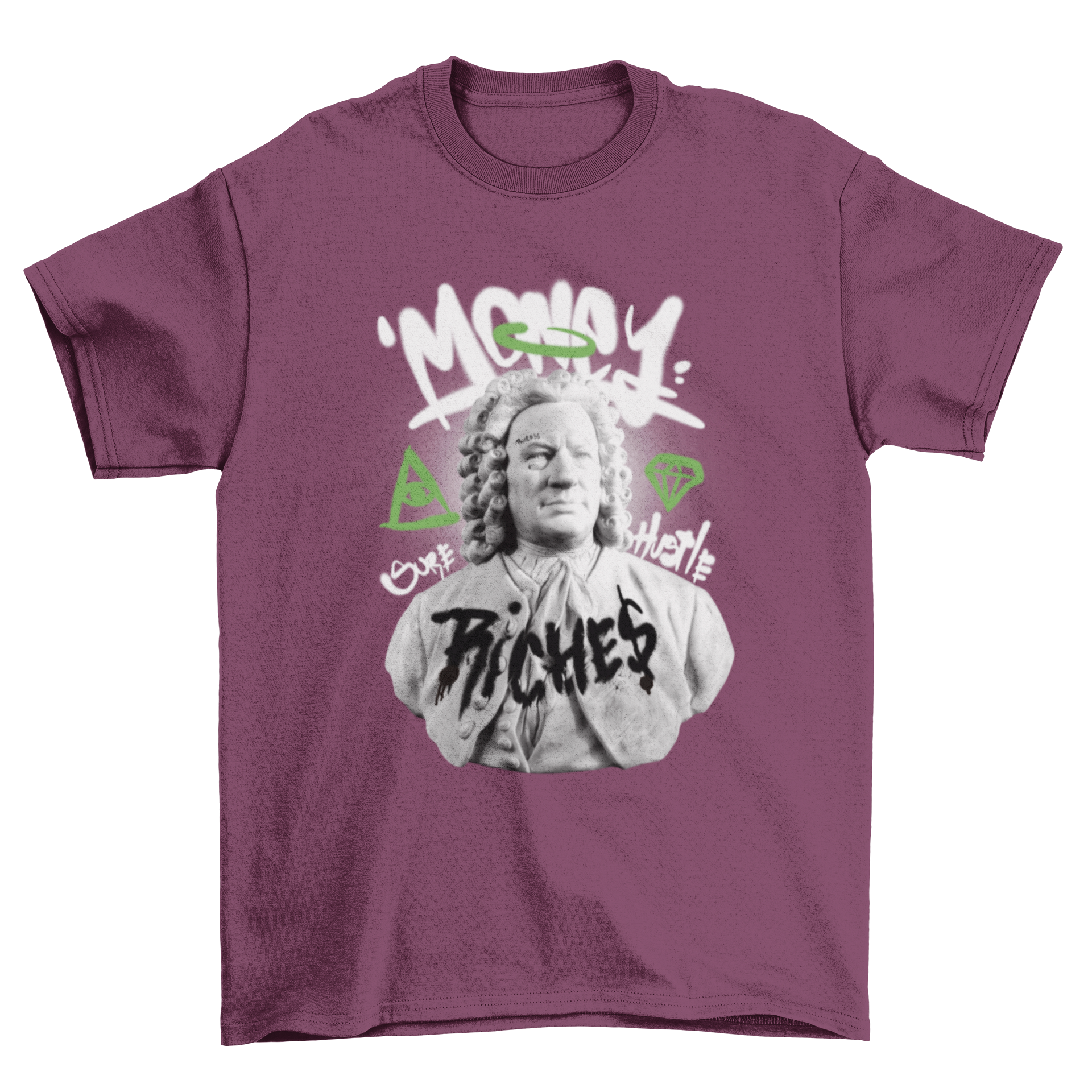 Money Statue Graffiti T-Shirt design featuring a sculpture with vibrant graffiti and quotes about wealth.