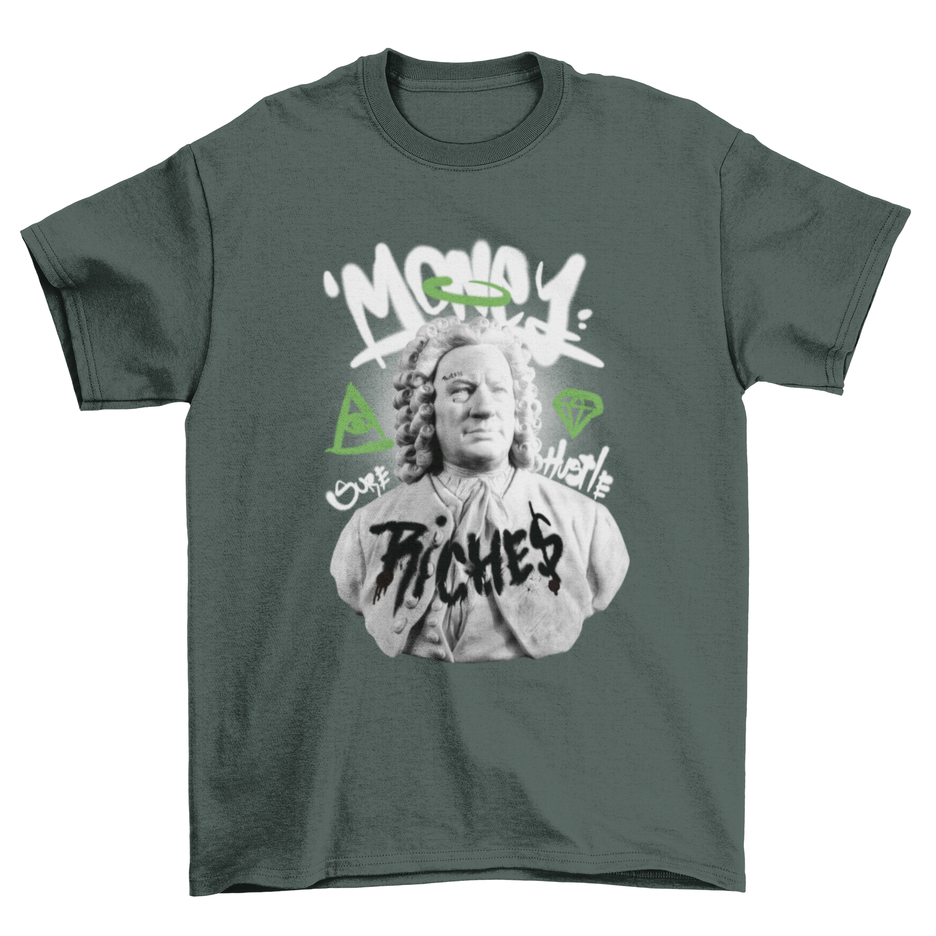 Money Statue Graffiti T-Shirt design featuring a sculpture with vibrant graffiti and quotes about wealth.