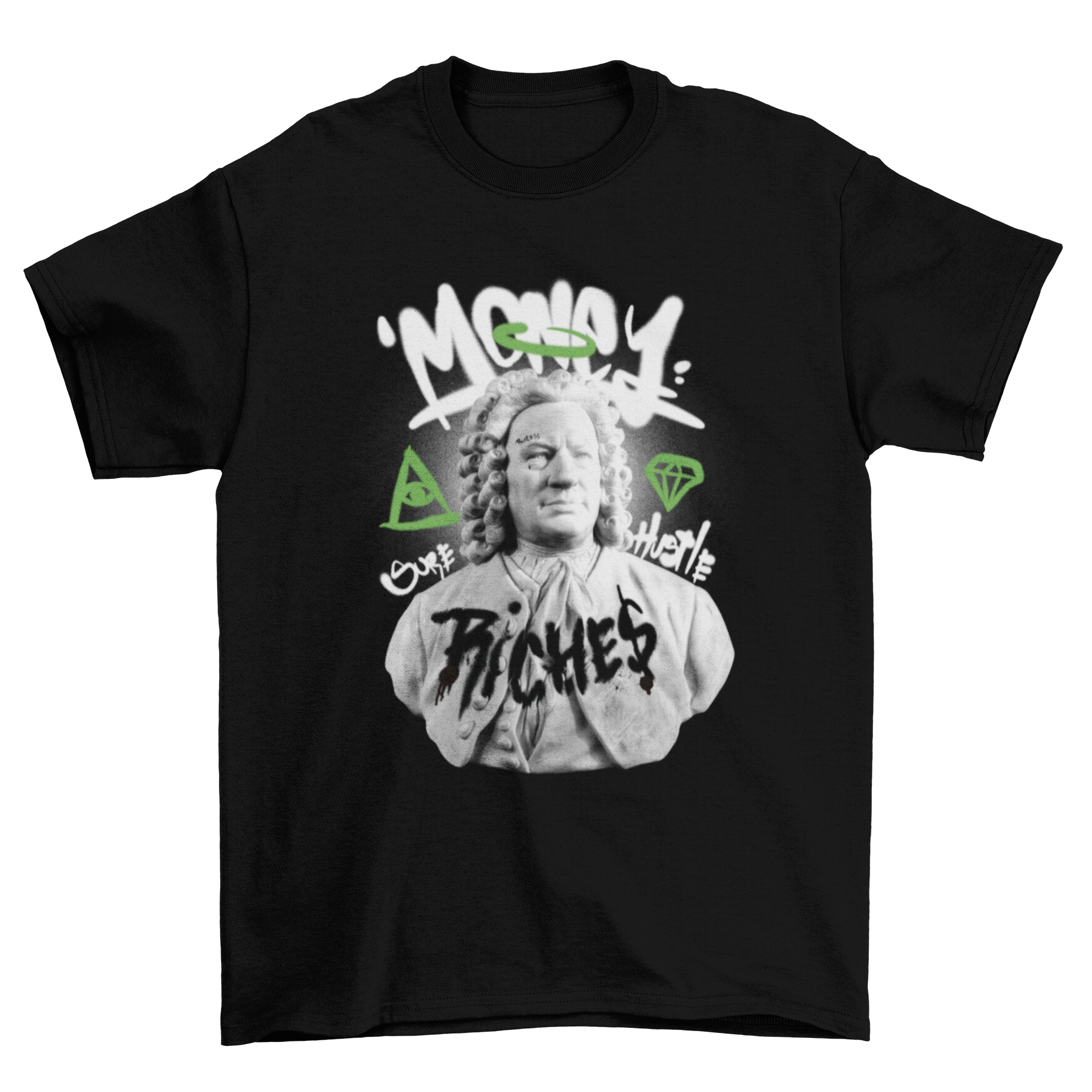 Money Statue Graffiti T-Shirt design featuring a sculpture with vibrant graffiti and quotes about wealth.