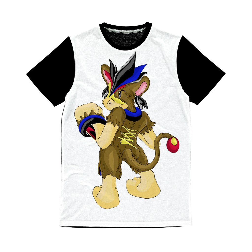 Moongenchen Classic Sublimation Panel T-Shirt featuring a vibrant front design and plain black back, ideal for sublimation printing.