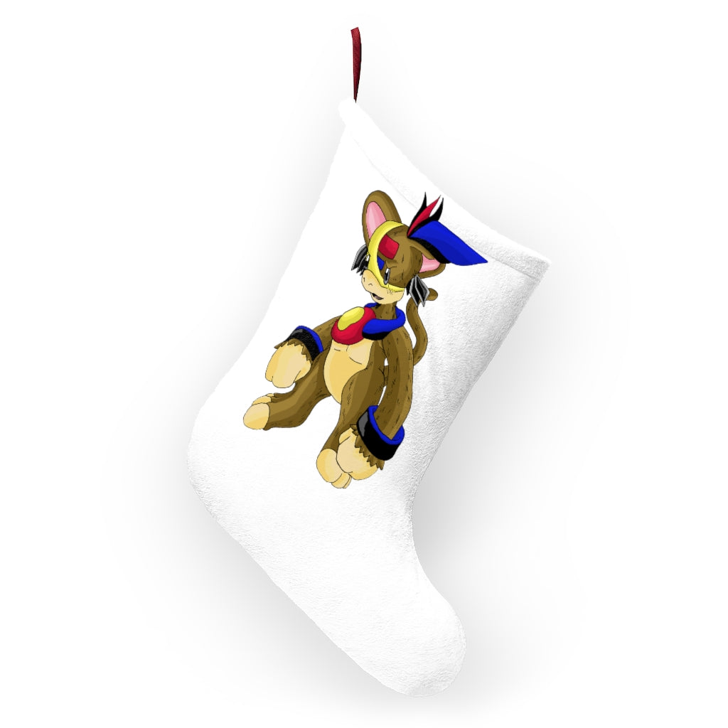 Moongenki Christmas Stockings hanging by a fireplace, featuring custom prints and a festive design.