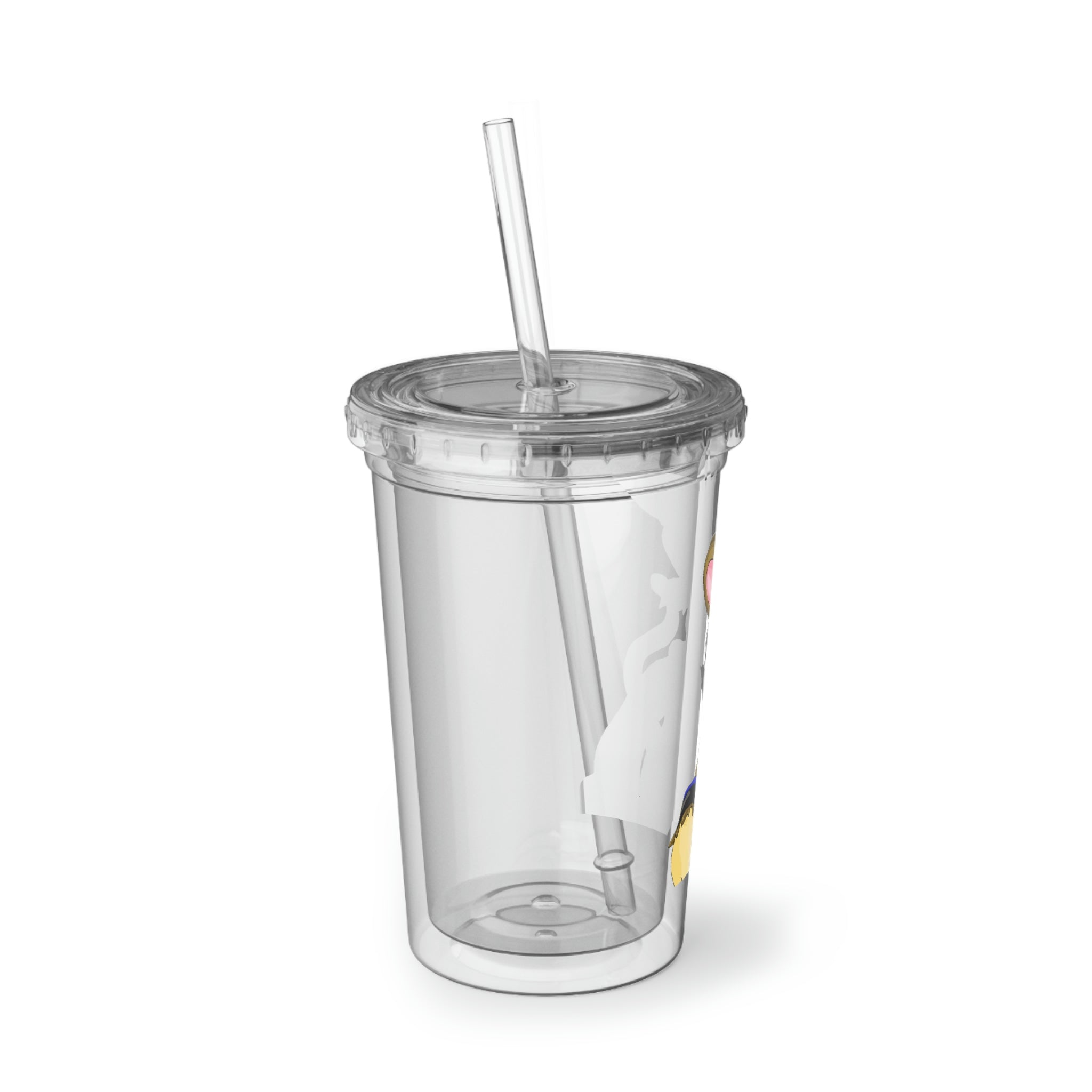 Moongenki Suave Acrylic Cup in stainless steel with a black cap and plastic straw, showcasing a customizable design.
