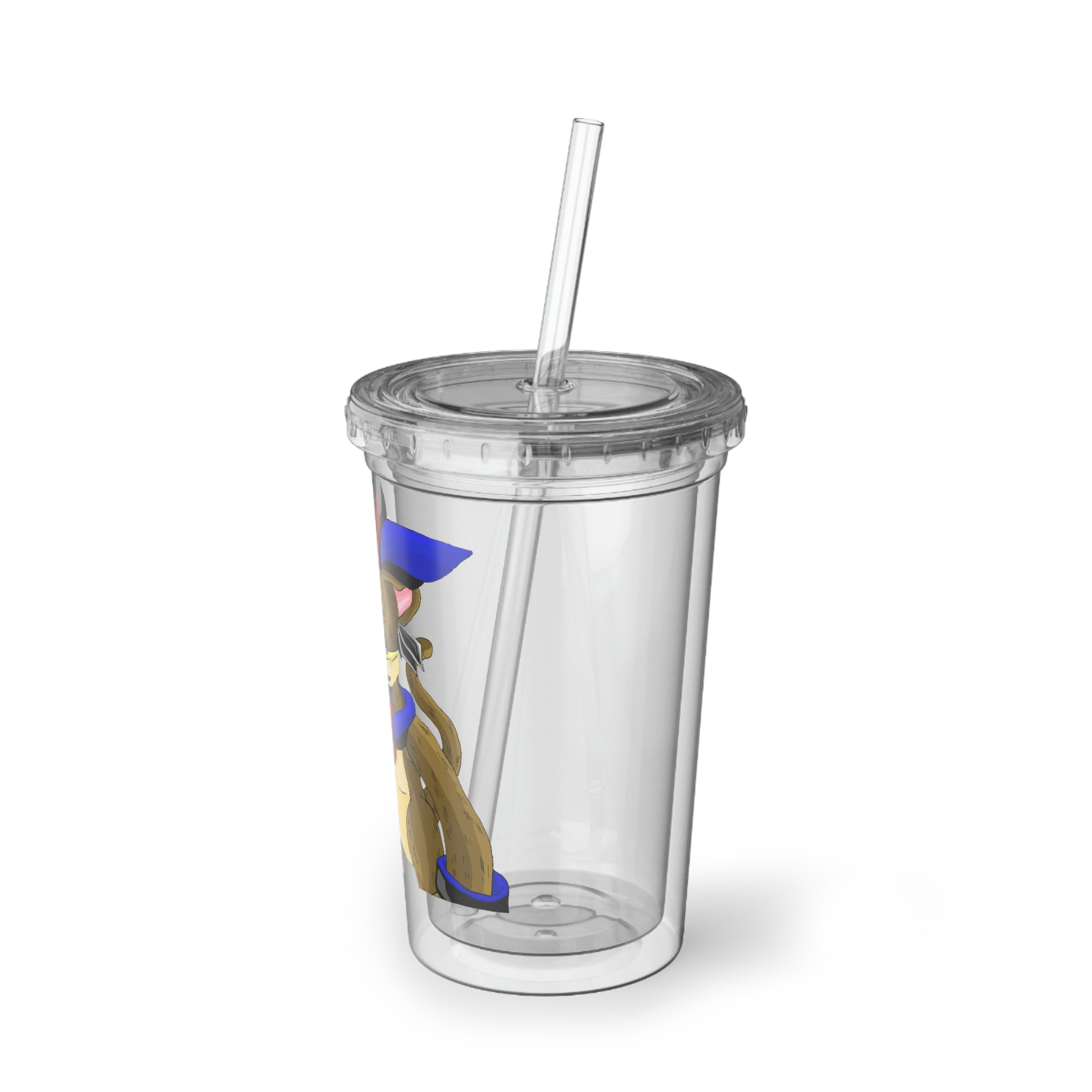 Moongenki Suave Acrylic Cup in stainless steel with a black cap and plastic straw, showcasing a customizable design.