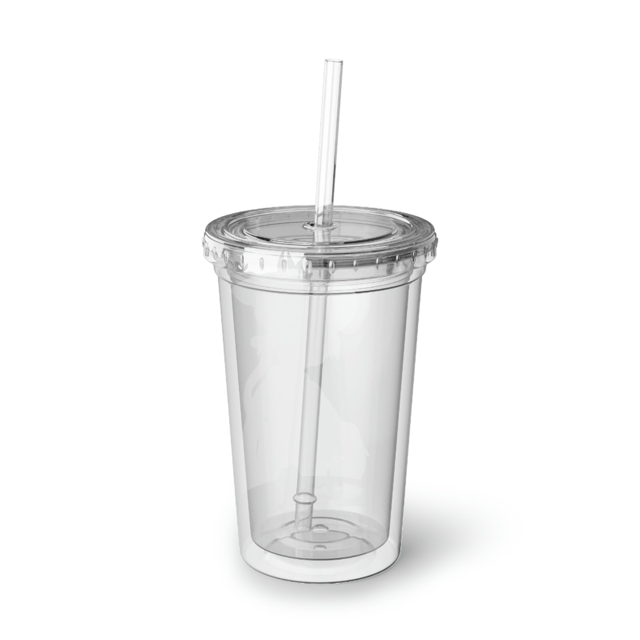 Moongenki Suave Acrylic Cup in stainless steel with a black cap and plastic straw, showcasing a customizable design.