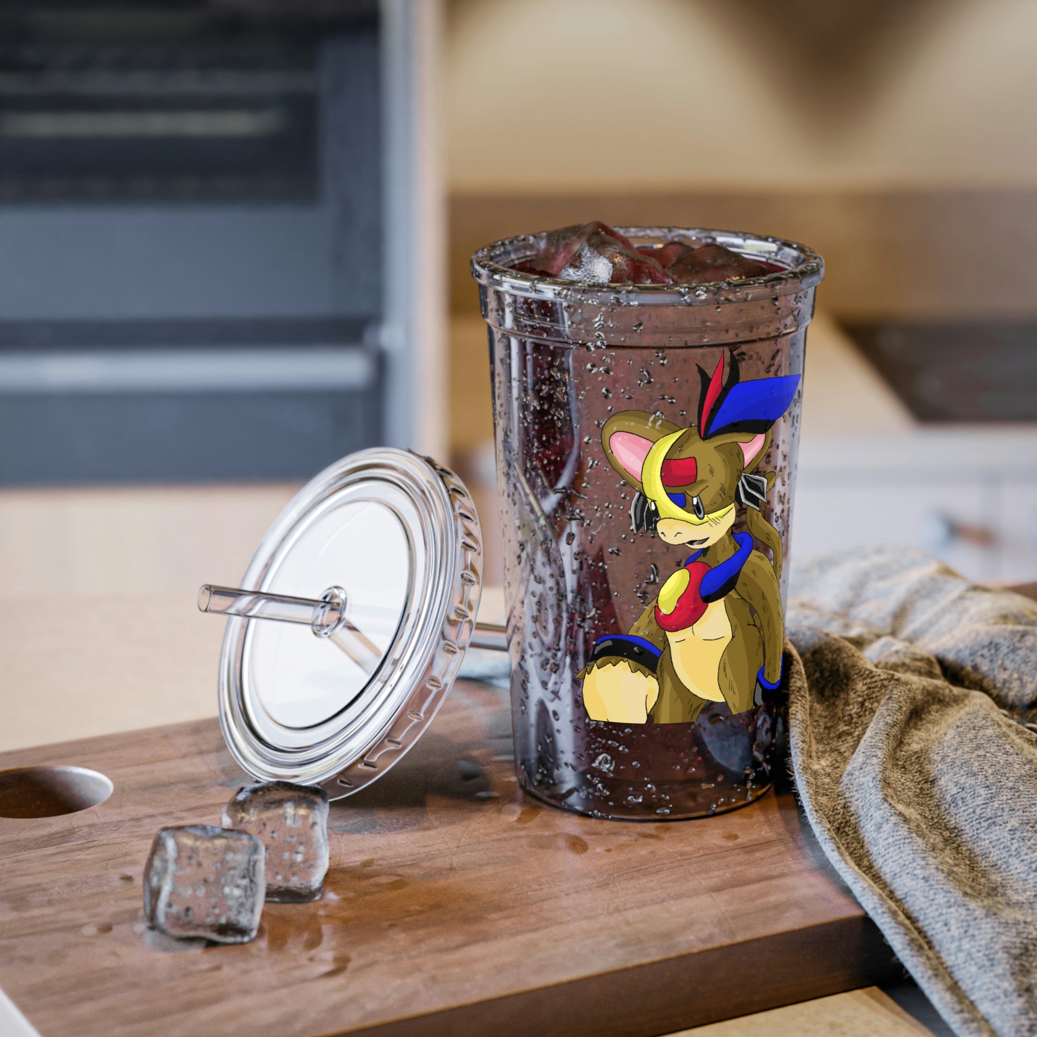 Moongenki Suave Acrylic Cup in stainless steel with a black cap and plastic straw, showcasing a customizable design.