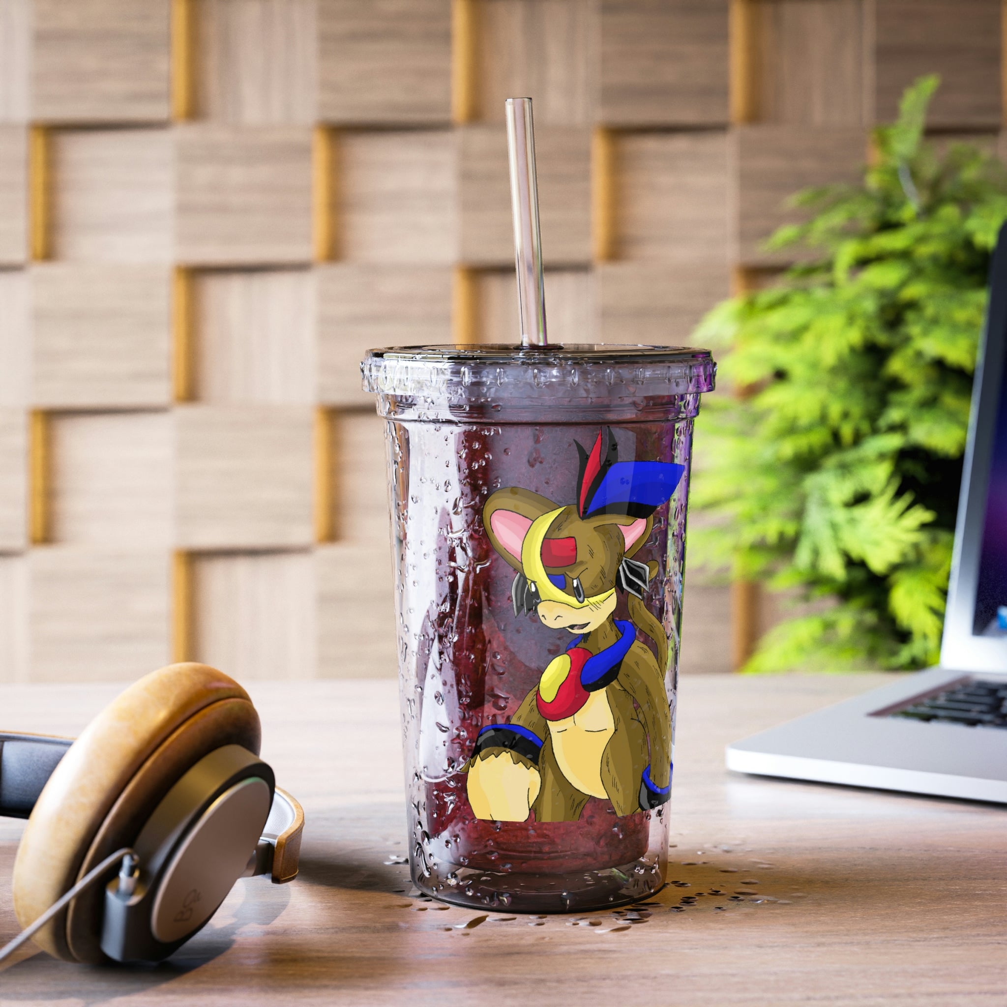 Moongenki Suave Acrylic Cup in stainless steel with a black cap and plastic straw, showcasing a customizable design.