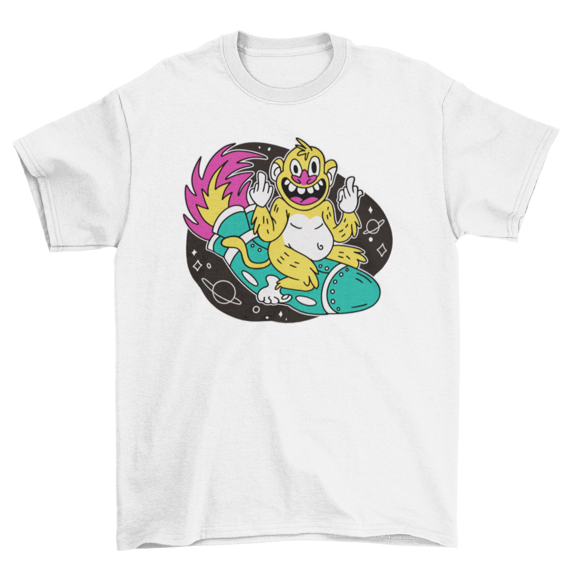 A playful t-shirt featuring a cartoon monkey joyfully flying on a colorful rocket, perfect for casual wear.