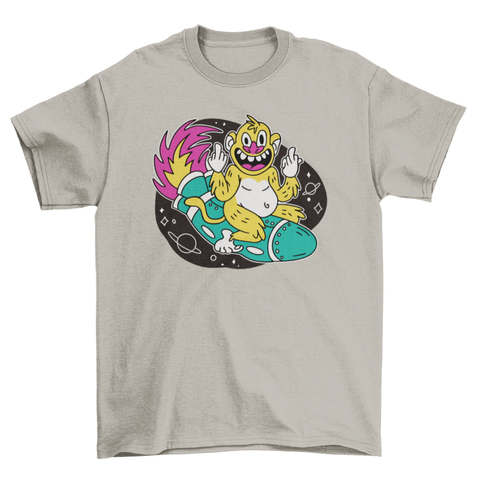A playful t-shirt featuring a cartoon monkey joyfully flying on a colorful rocket, perfect for casual wear.