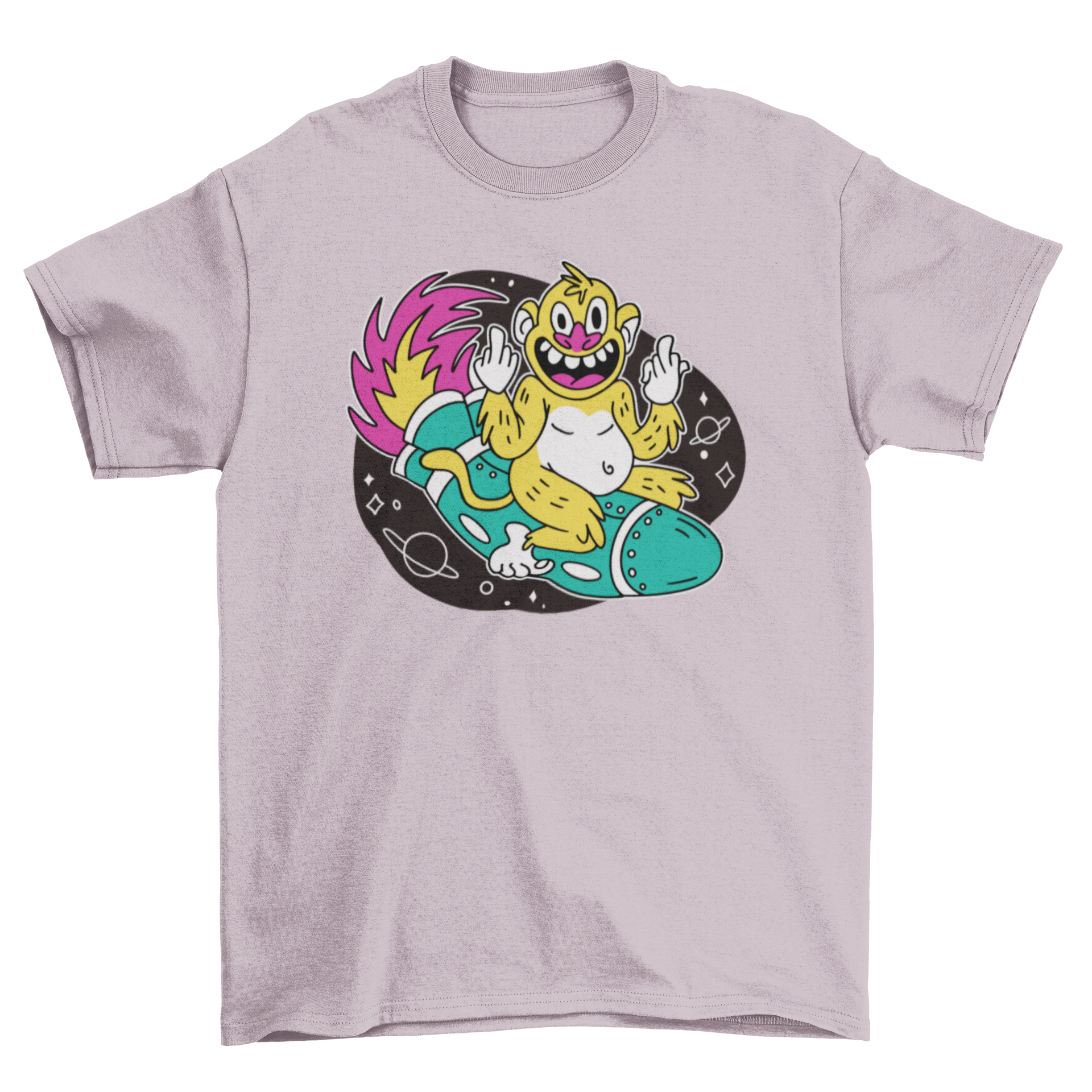 A playful t-shirt featuring a cartoon monkey joyfully flying on a colorful rocket, perfect for casual wear.