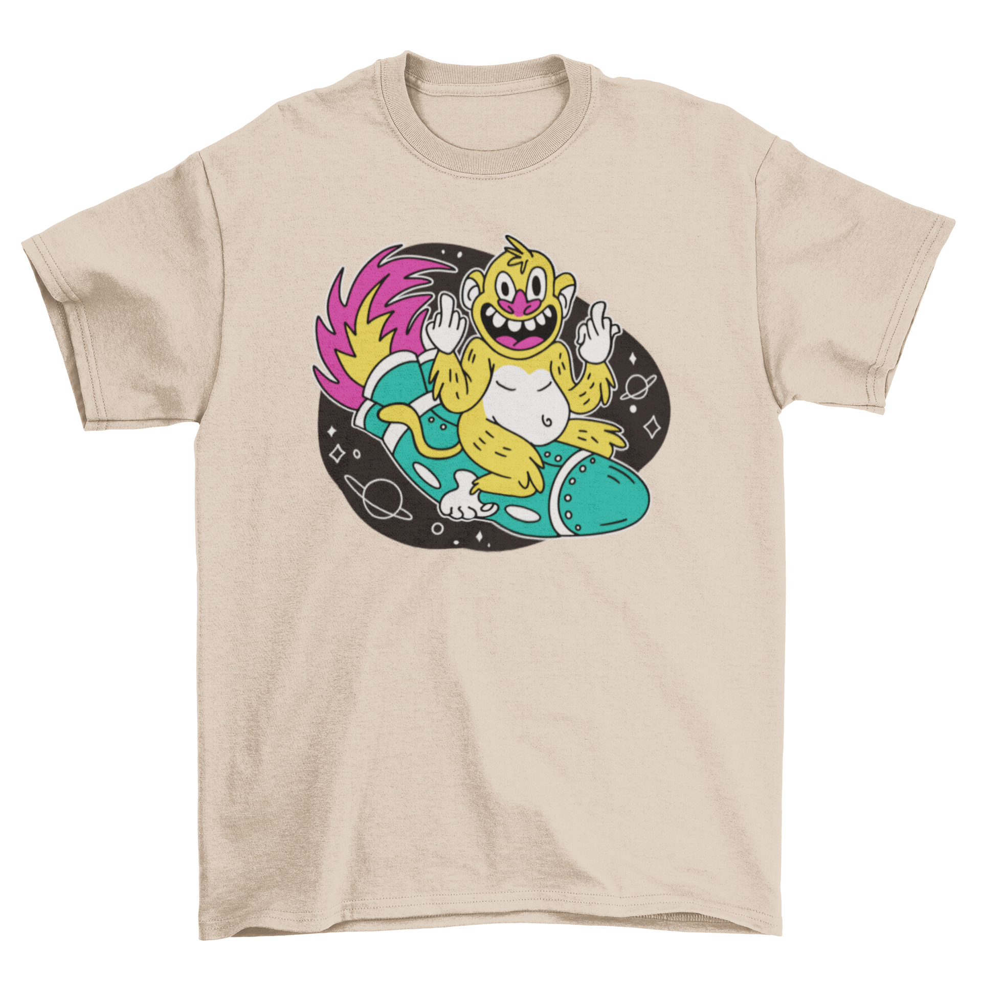 A playful t-shirt featuring a cartoon monkey joyfully flying on a colorful rocket, perfect for casual wear.