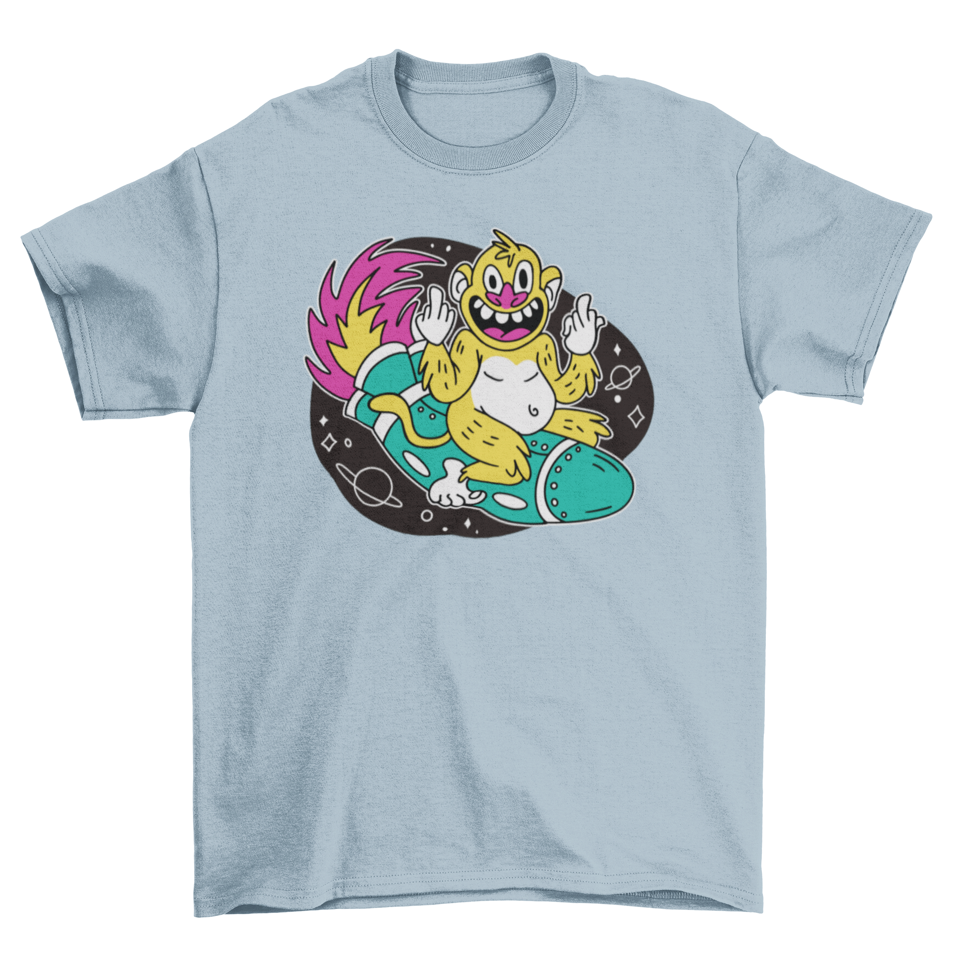 A playful t-shirt featuring a cartoon monkey joyfully flying on a colorful rocket, perfect for casual wear.