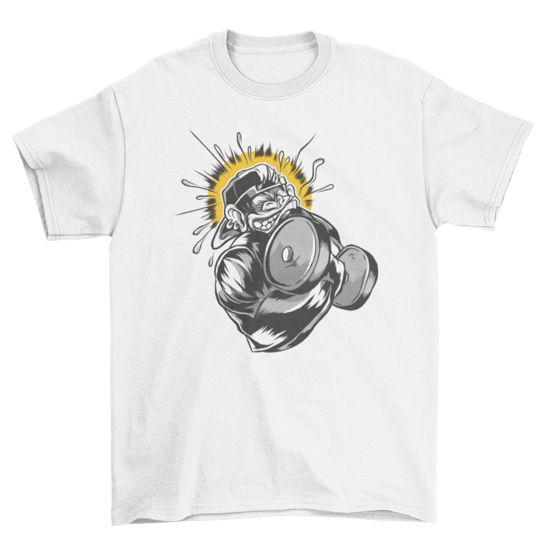 Monkey Dumbbell T-Shirt featuring a hardcore monkey lifting a dumbbell with one hand, wearing a hat.