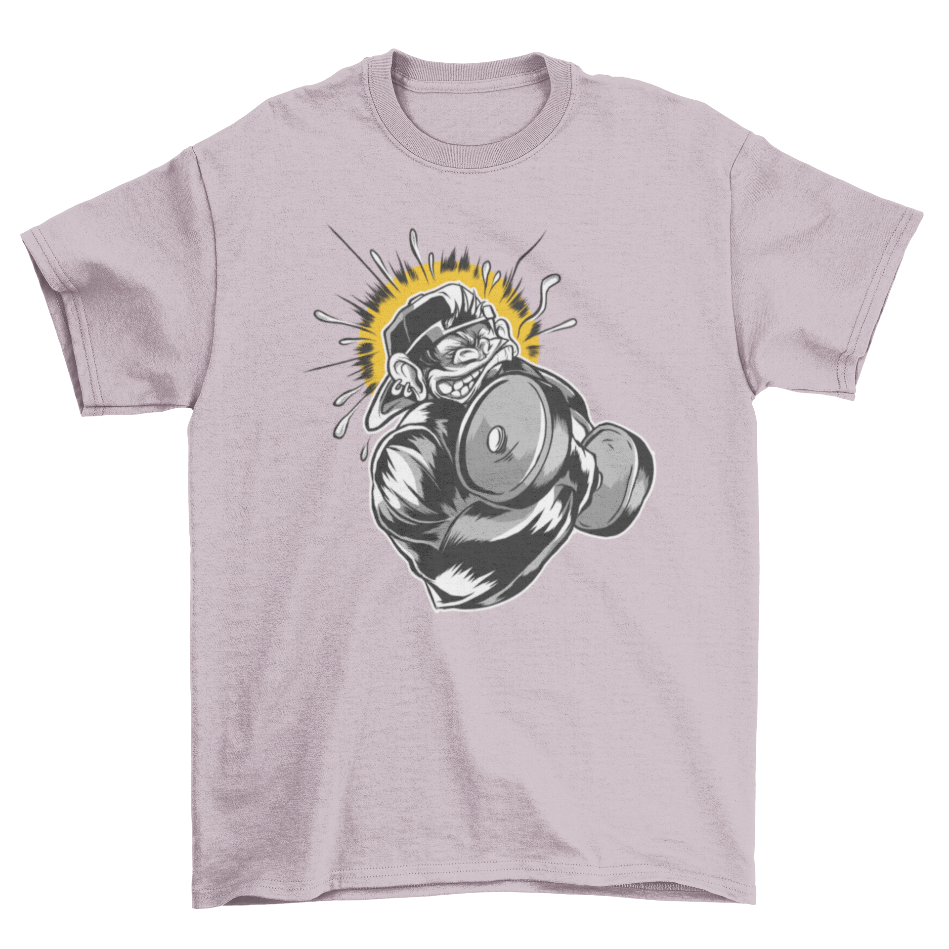 Monkey Dumbbell T-Shirt featuring a hardcore monkey lifting a dumbbell with one hand, wearing a hat.