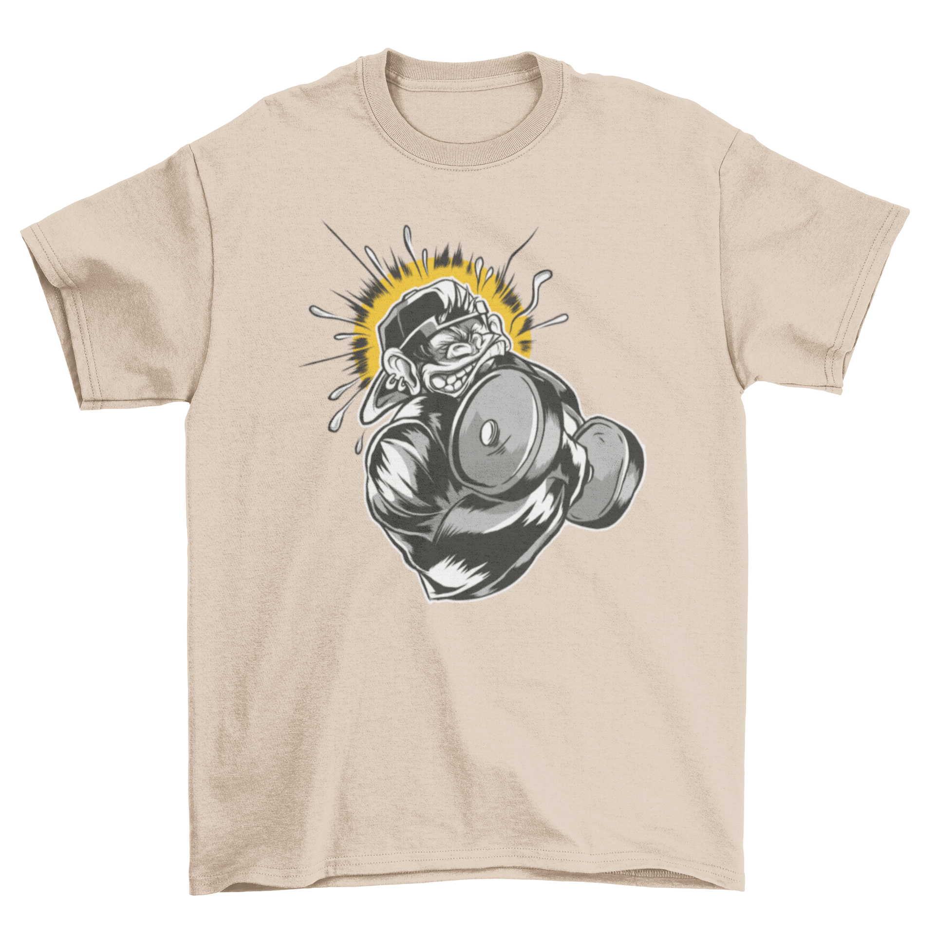 Monkey Dumbbell T-Shirt featuring a hardcore monkey lifting a dumbbell with one hand, wearing a hat.