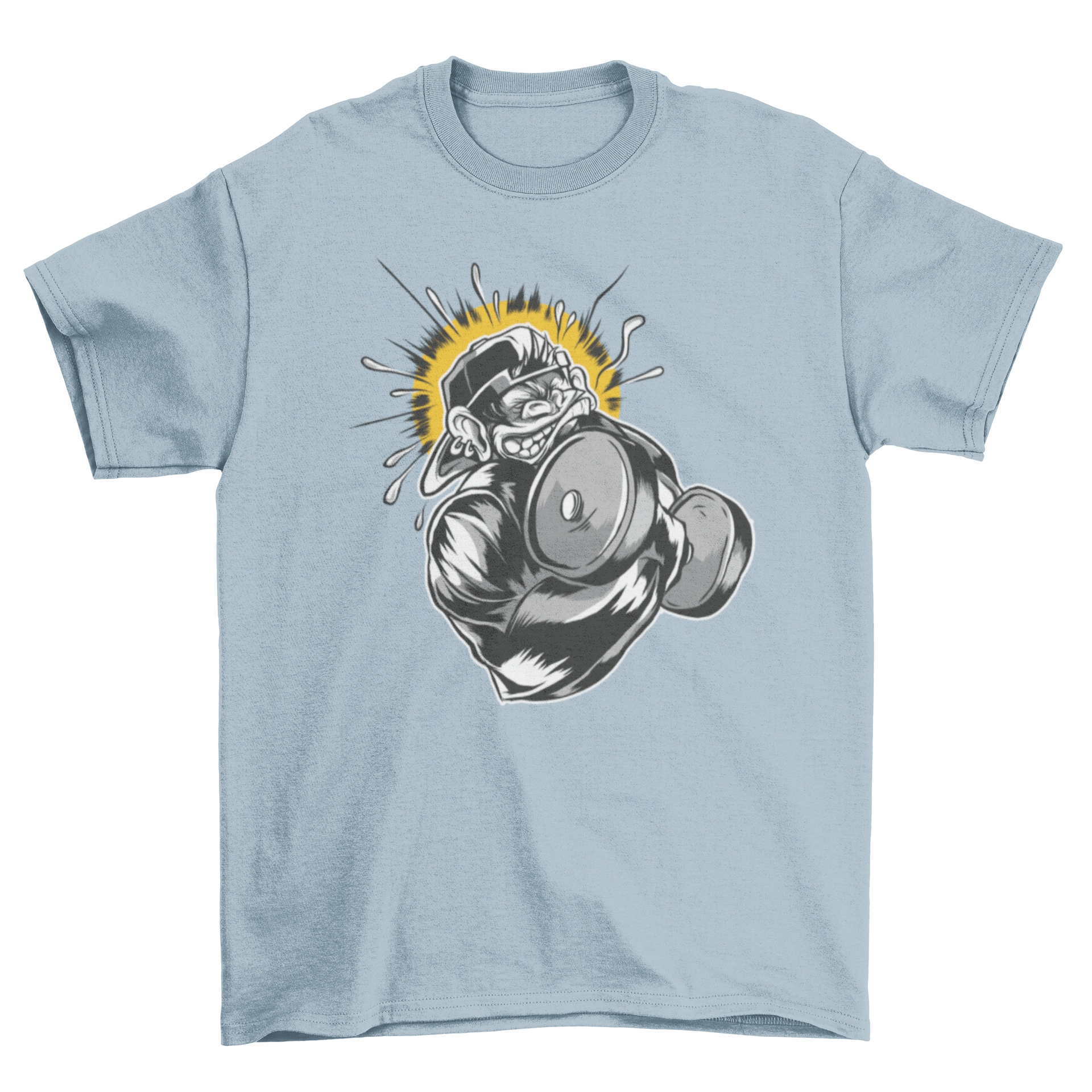 Monkey Dumbbell T-Shirt featuring a hardcore monkey lifting a dumbbell with one hand, wearing a hat.