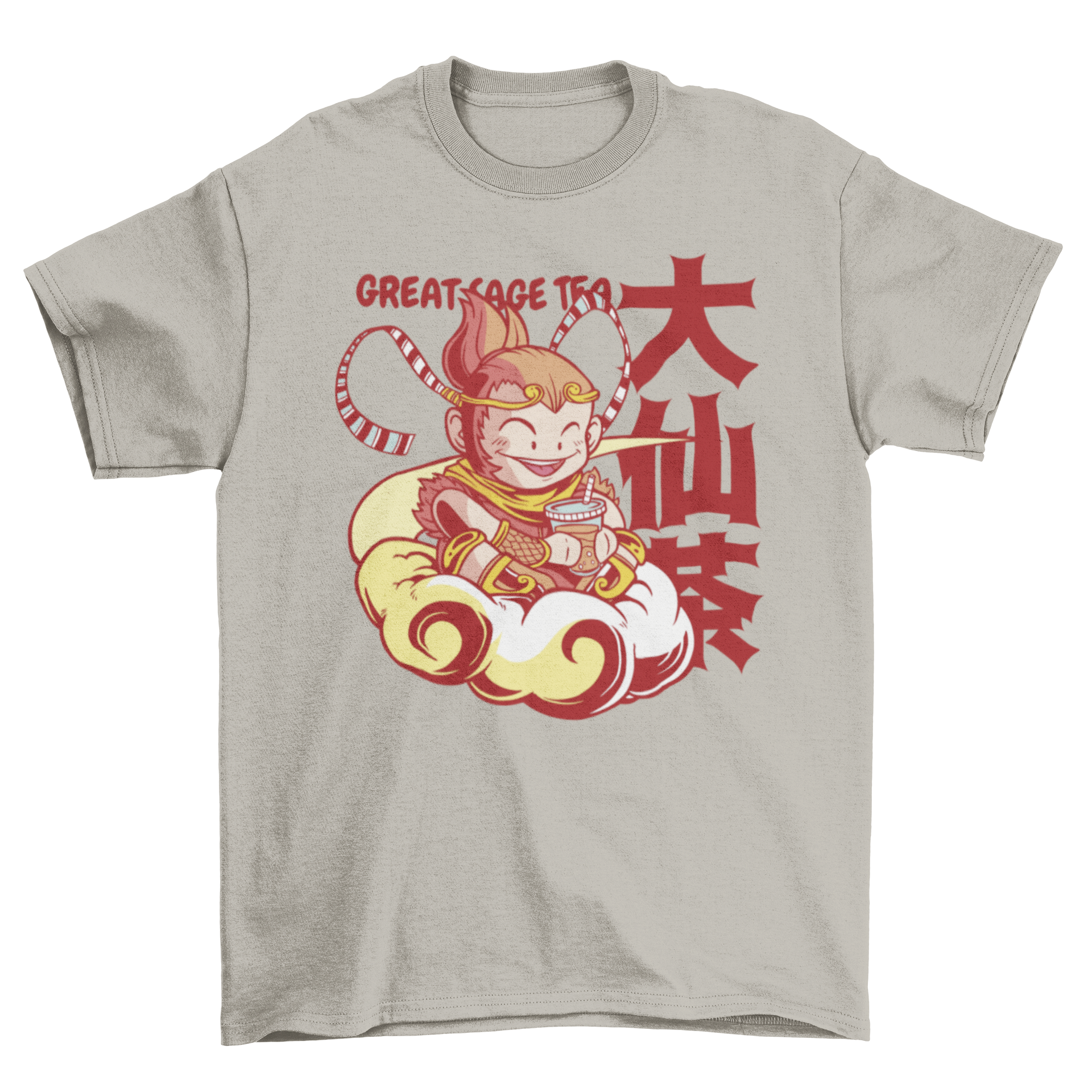 A whimsical t-shirt featuring a monkey sitting on a cloud, drinking tea, with a Japanese quote that translates to 'Great sage tea.'