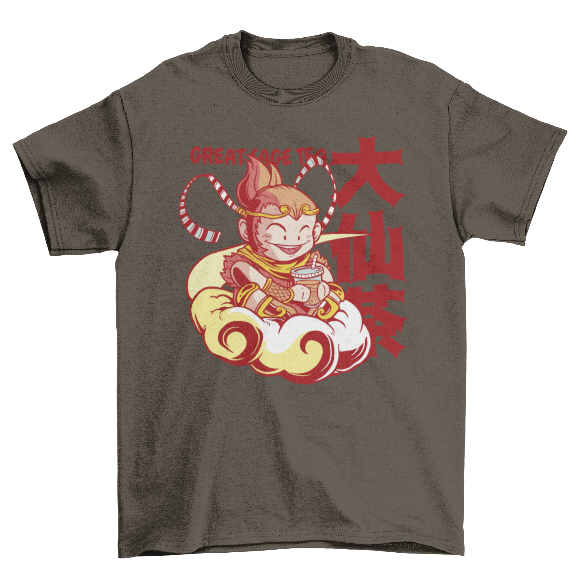 A whimsical t-shirt featuring a monkey sitting on a cloud, drinking tea, with a Japanese quote that translates to 'Great sage tea.'