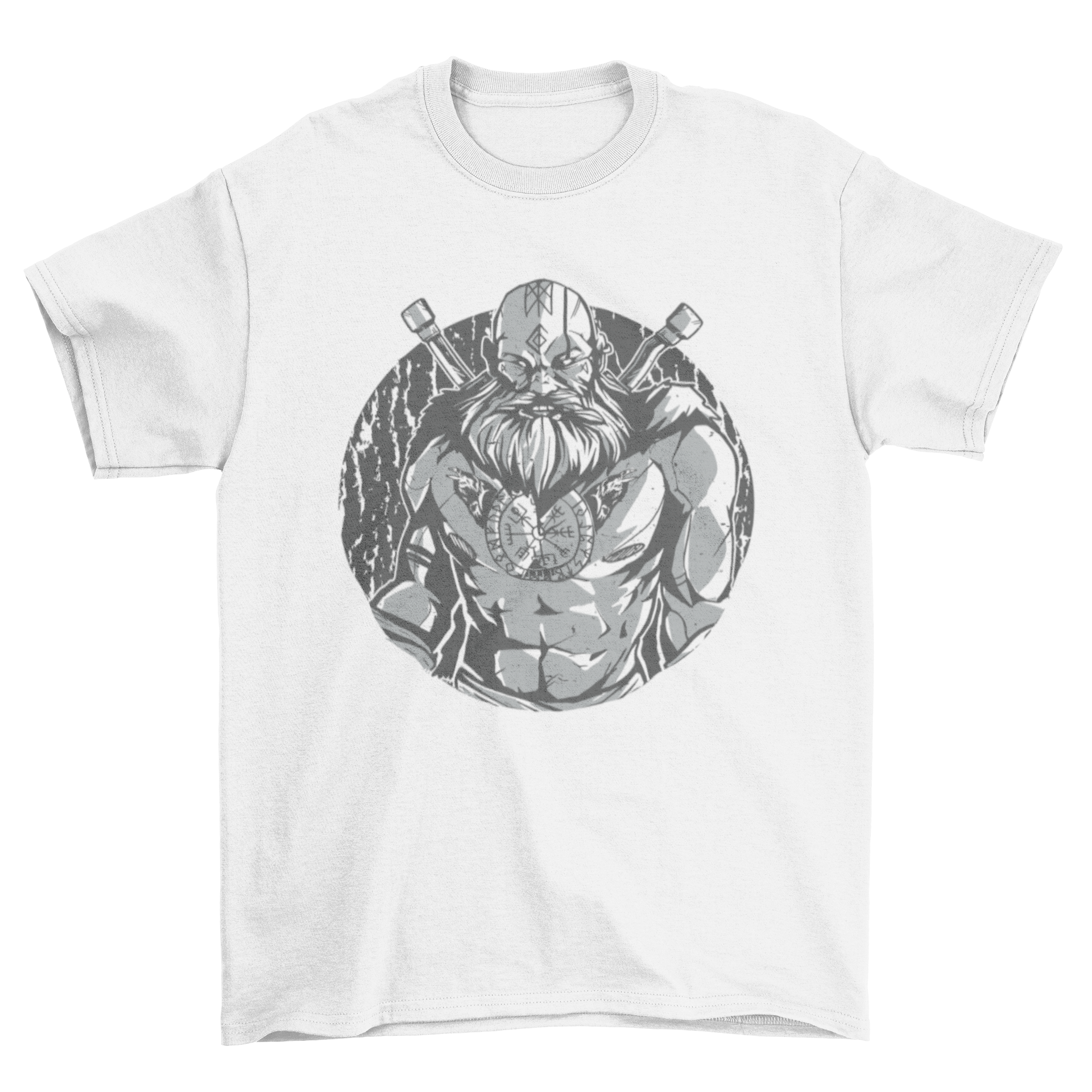 Monochromatic t-shirt featuring a tattooed Viking warrior design, showcasing intricate details and a modern style.