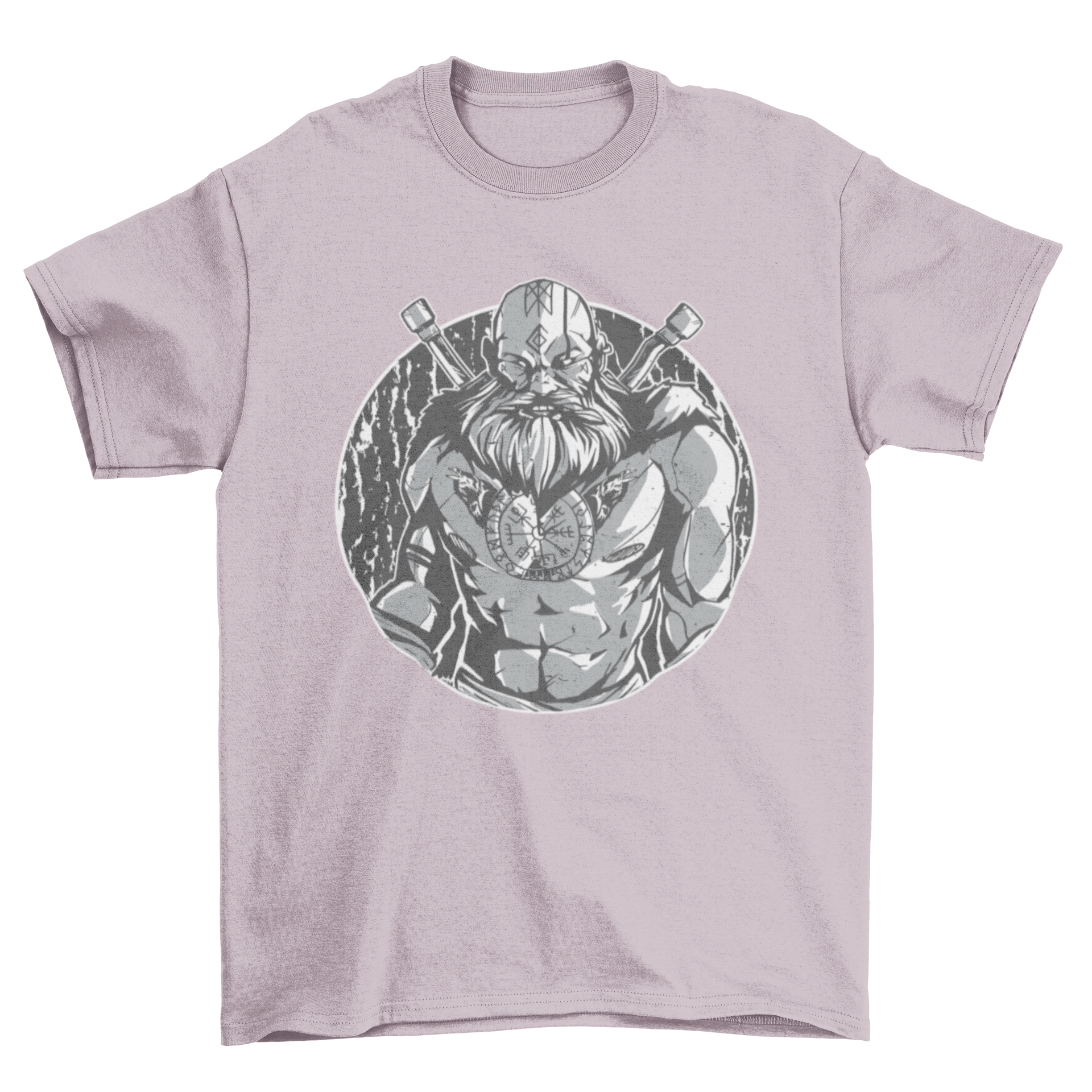 Monochromatic t-shirt featuring a tattooed Viking warrior design, showcasing intricate details and a modern style.