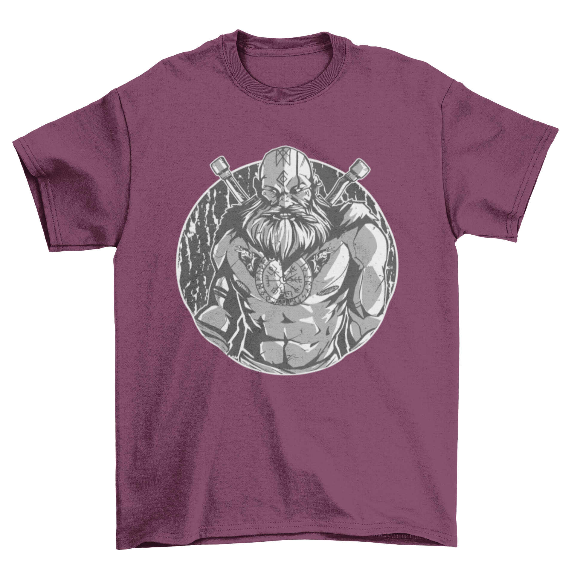 Monochromatic t-shirt featuring a tattooed Viking warrior design, showcasing intricate details and a modern style.