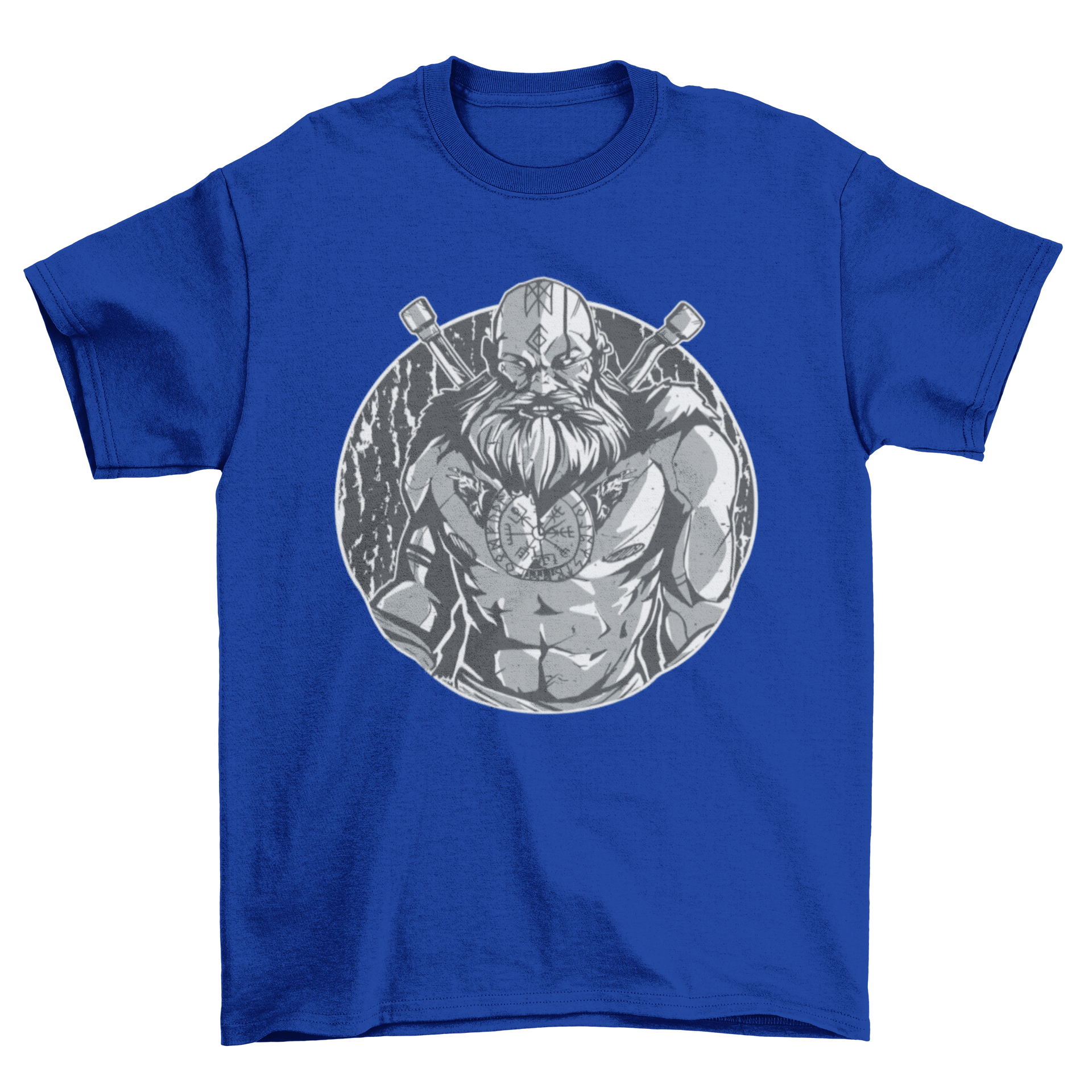 Monochromatic t-shirt featuring a tattooed Viking warrior design, showcasing intricate details and a modern style.