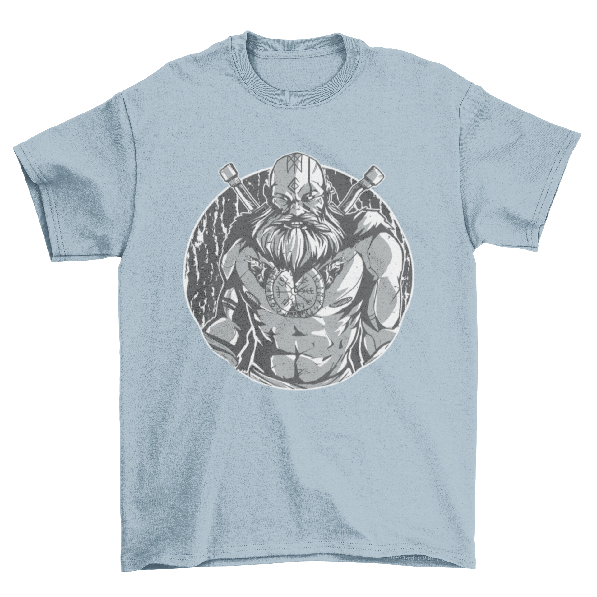 Monochromatic t-shirt featuring a tattooed Viking warrior design, showcasing intricate details and a modern style.