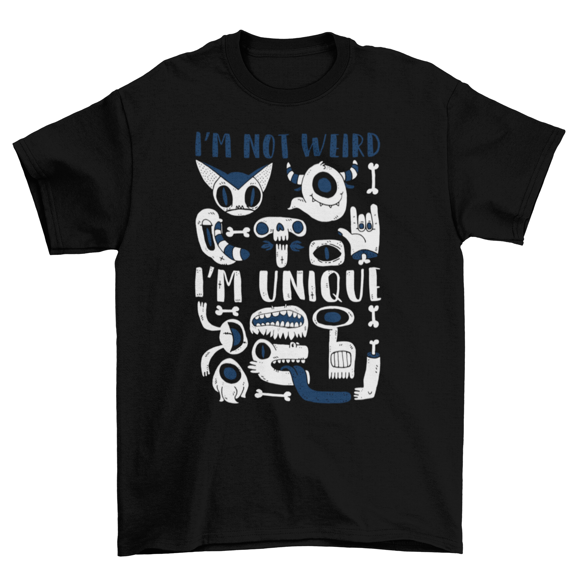 A stylish t-shirt featuring a colorful monster illustration with the text 'I'm not weird, I'm unique.' Perfect for expressing individuality.