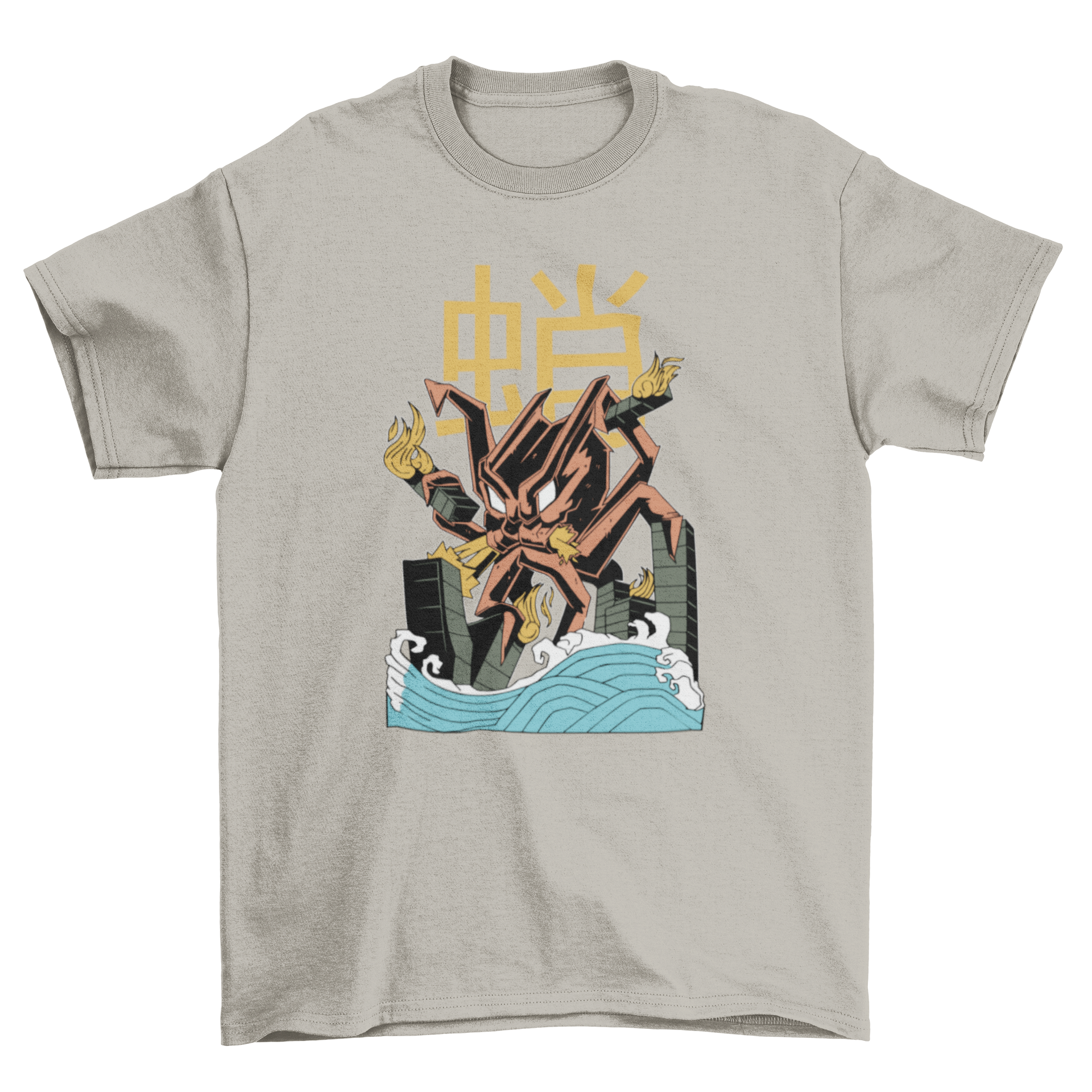 A fun t-shirt featuring a colorful monster octopus attacking a city skyline, showcasing vibrant artwork.