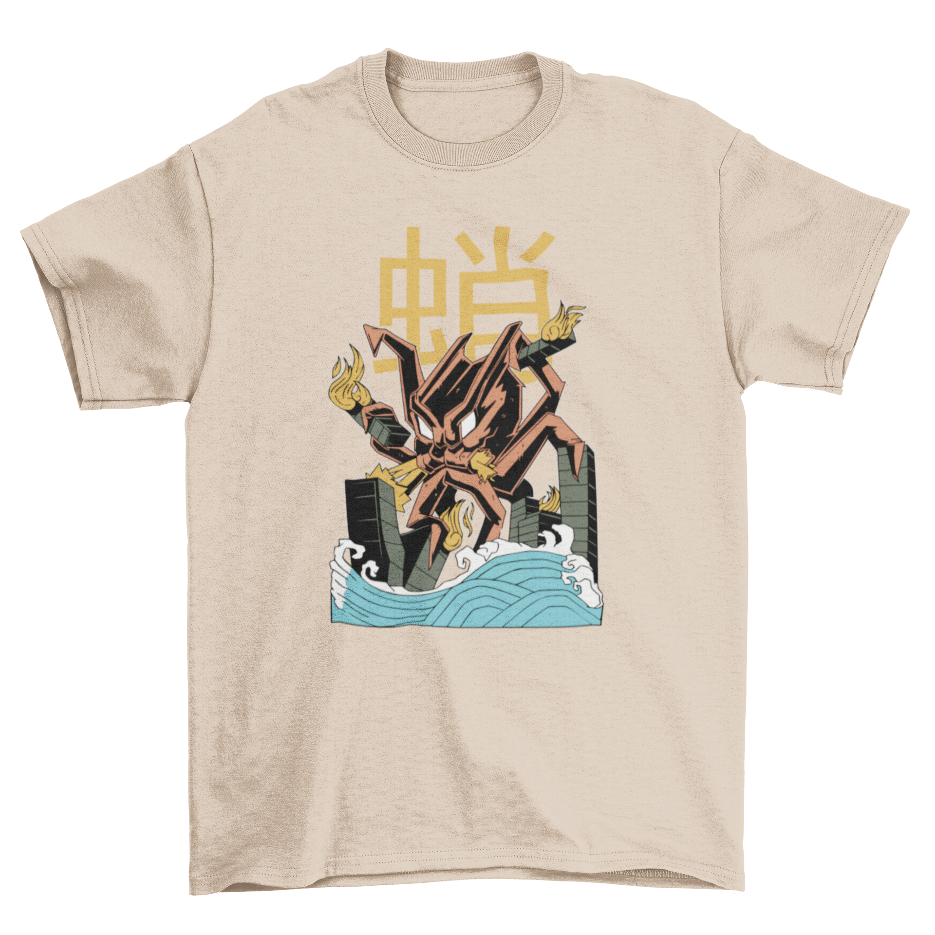 A fun t-shirt featuring a colorful monster octopus attacking a city skyline, showcasing vibrant artwork.