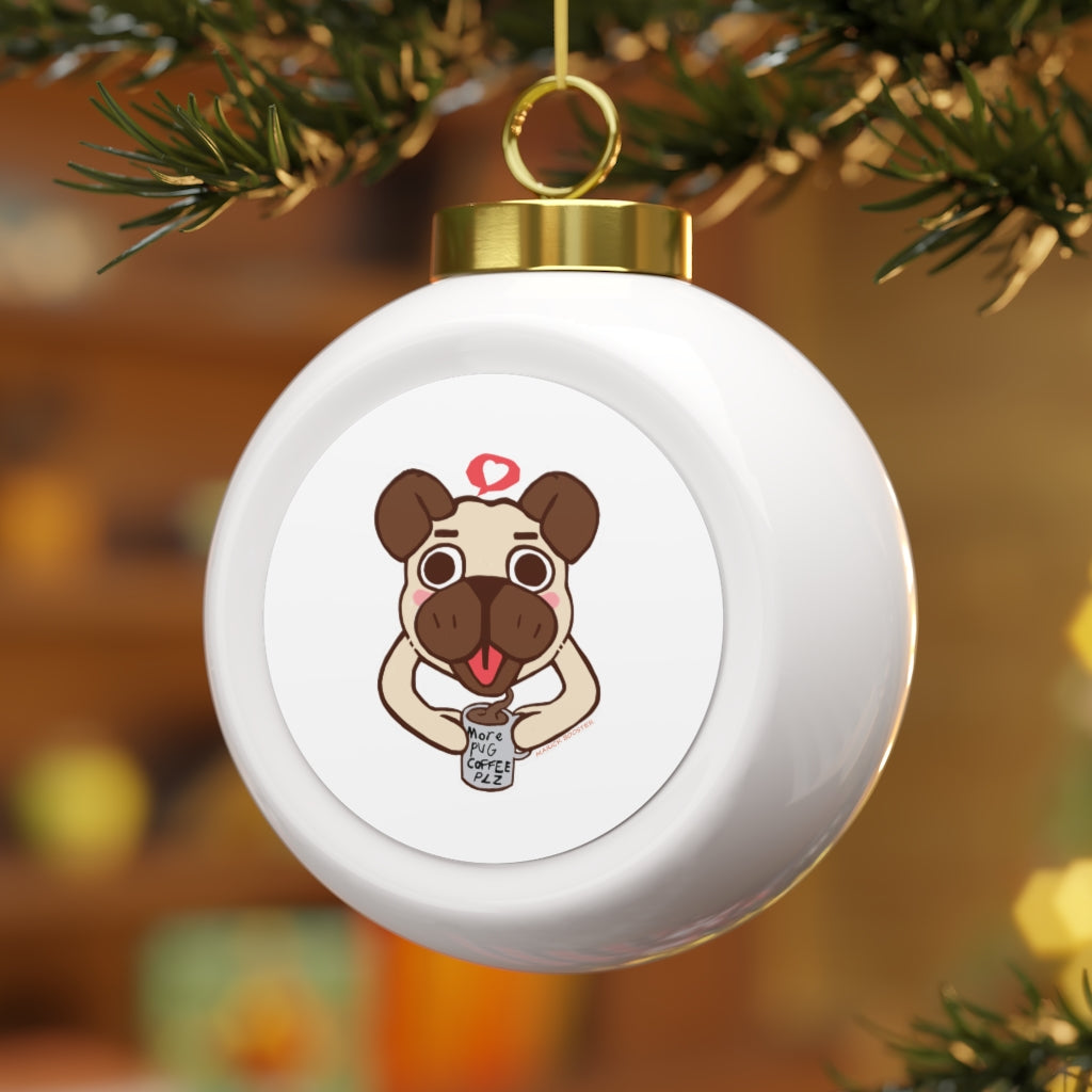 A glossy 3-inch Christmas ball ornament featuring a pug design with a gold ribbon for hanging, perfect for festive decorations.