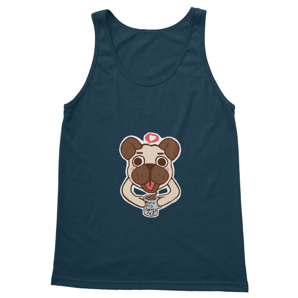 A classic unisex tank top featuring the phrase 'More Pug Coffee Please' with a cute pug graphic, made from soft cotton fabric.