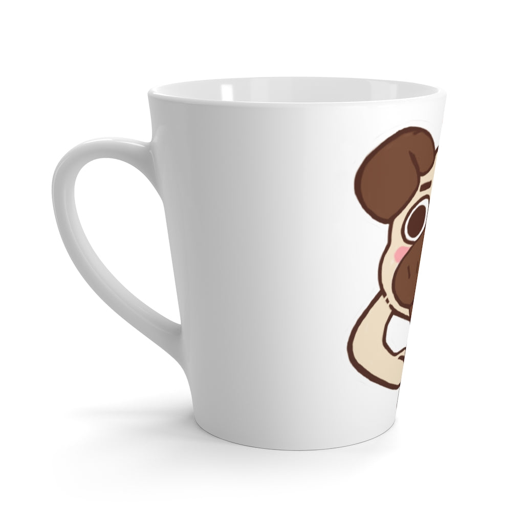 A white ceramic latte mug with a pug design, featuring rounded corners and a C-handle, perfect for coffee lovers.