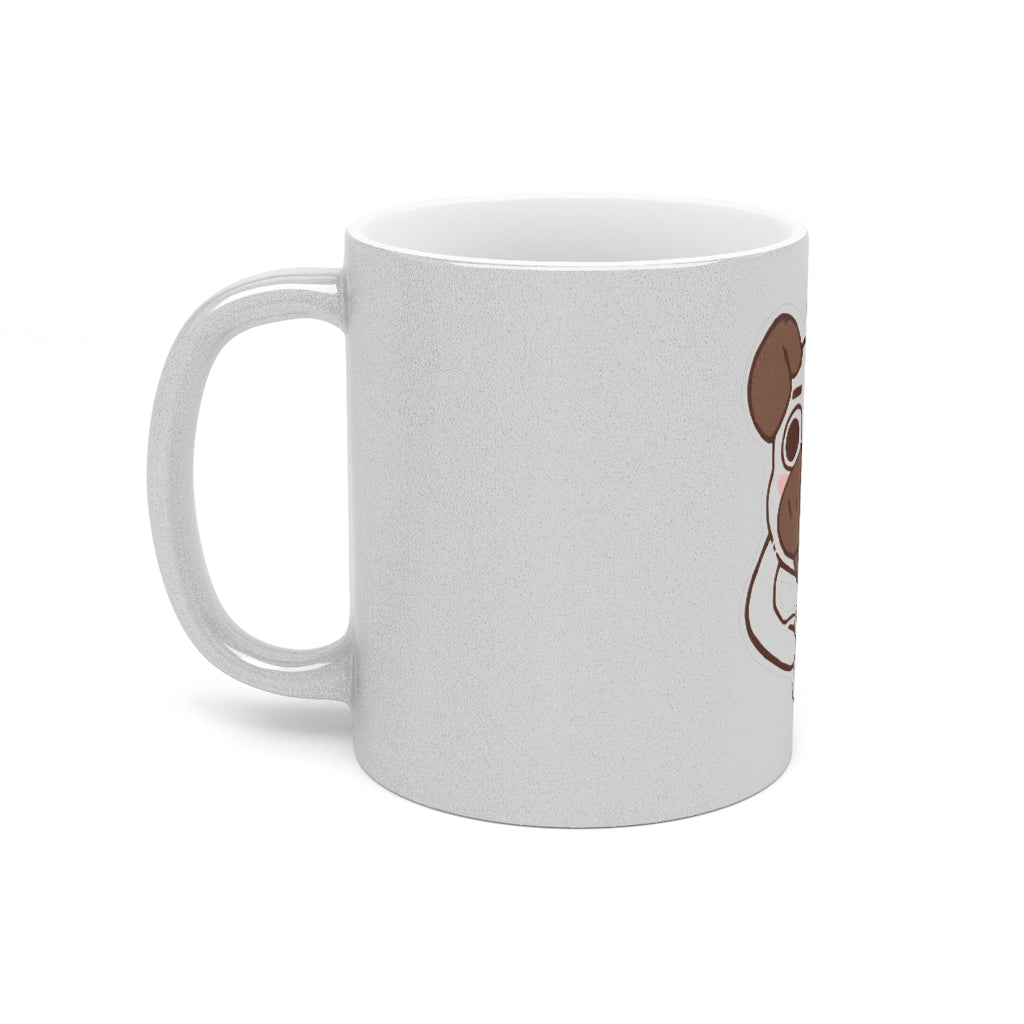 More Pug Coffee Please Metallic Mug in Gold and Silver finishes, showcasing personalized designs and a comfortable C-handle.