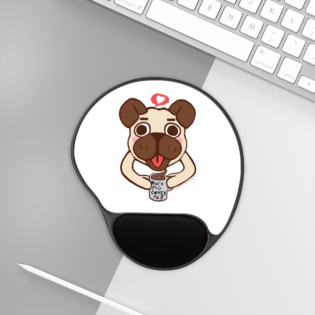 More Pug Coffee Please Mouse Pad featuring ergonomic wrist rest and custom neoprene insert, designed for comfort and style.