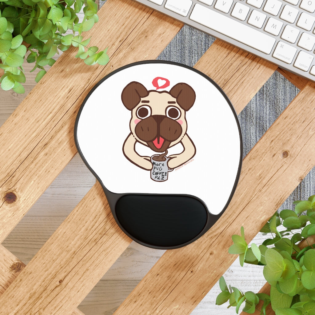 More Pug Coffee Please Mouse Pad featuring ergonomic wrist rest and custom neoprene insert, designed for comfort and style.