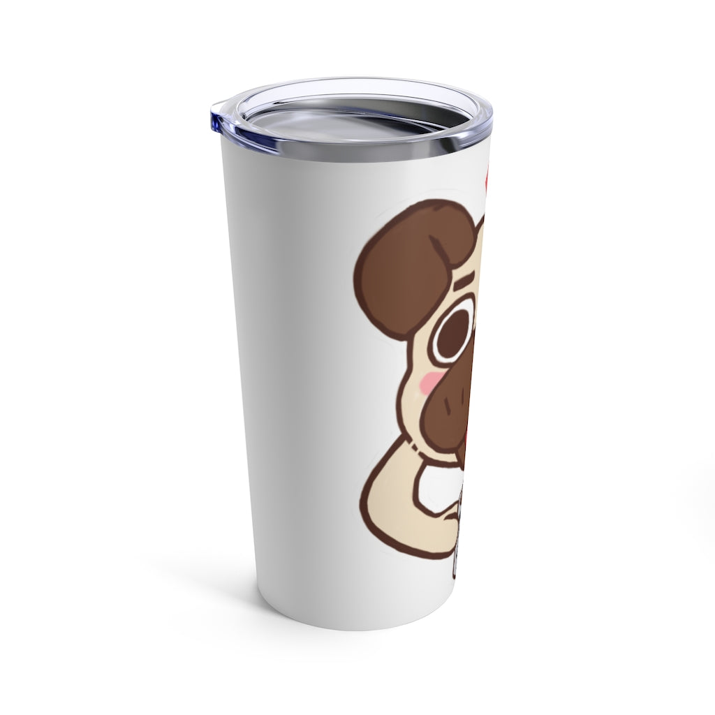 A stylish 20oz stainless steel tumbler with a see-thru plastic lid, featuring a cute pug design, perfect for coffee lovers.