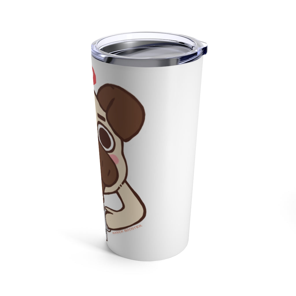 A stylish 20oz stainless steel tumbler with a see-thru plastic lid, featuring a cute pug design, perfect for coffee lovers.