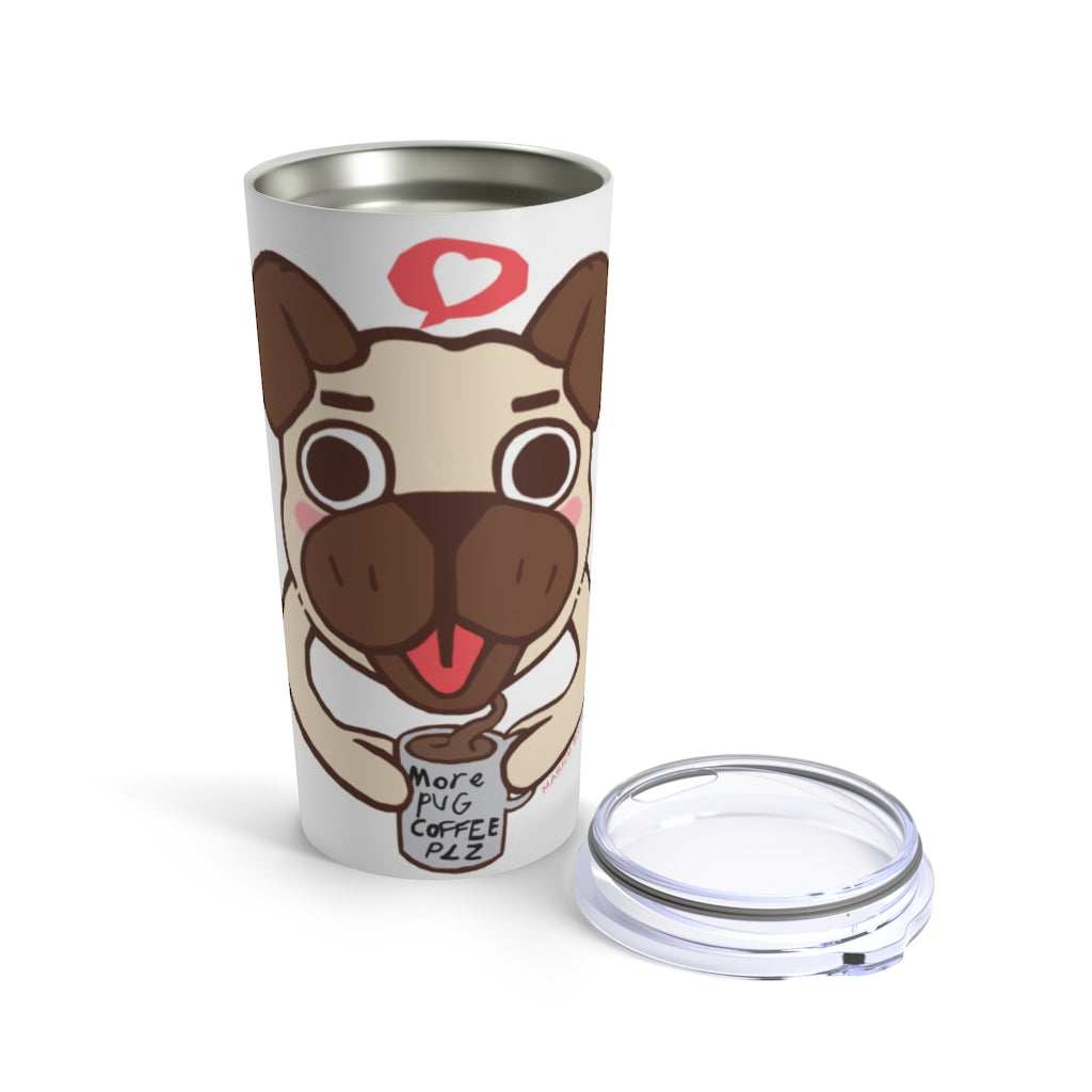 A stylish 20oz stainless steel tumbler with a see-thru plastic lid, featuring a cute pug design, perfect for coffee lovers.