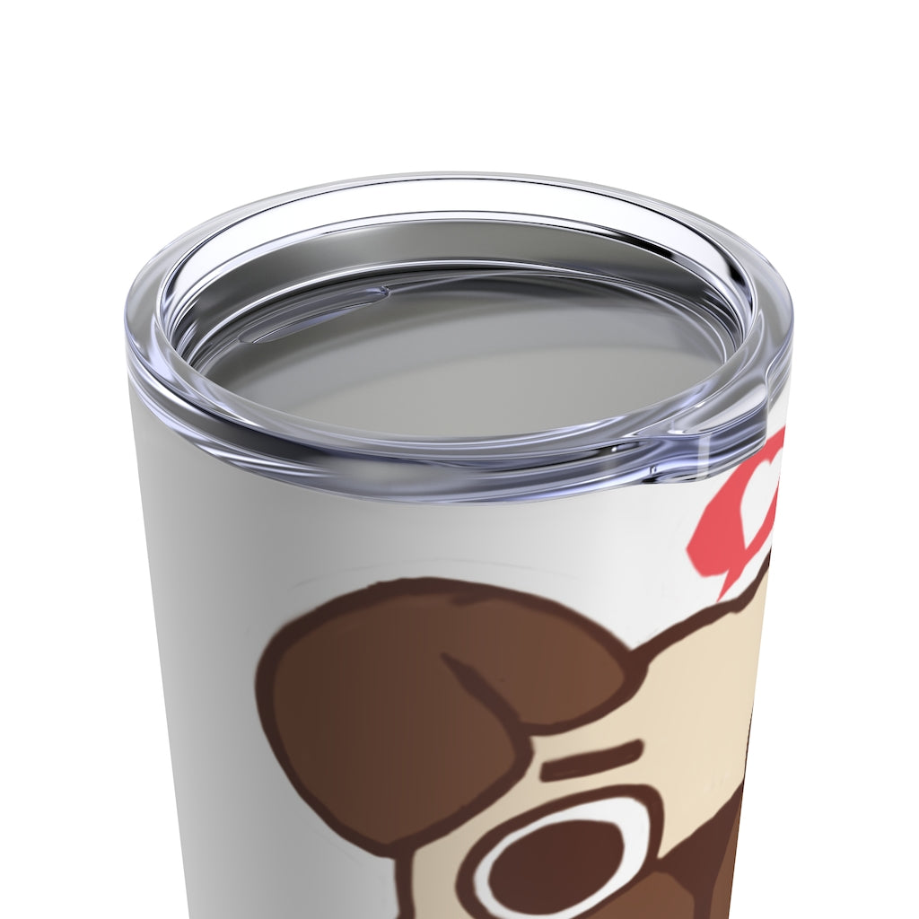 A stylish 20oz stainless steel tumbler with a see-thru plastic lid, featuring a cute pug design, perfect for coffee lovers.