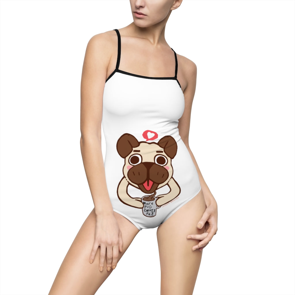 More Pug Coffee Please Women's One-piece Swimsuit featuring a hollowed-out back and vibrant print, ideal for fashion-conscious swimmers.