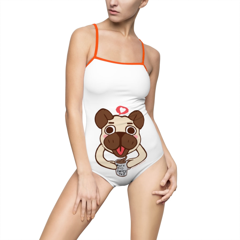 More Pug Coffee Please Women's One-piece Swimsuit featuring a hollowed-out back and vibrant print, ideal for fashion-conscious swimmers.