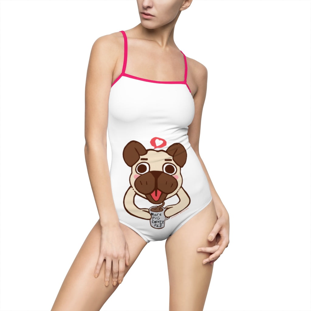 More Pug Coffee Please Women's One-piece Swimsuit featuring a hollowed-out back and vibrant print, ideal for fashion-conscious swimmers.