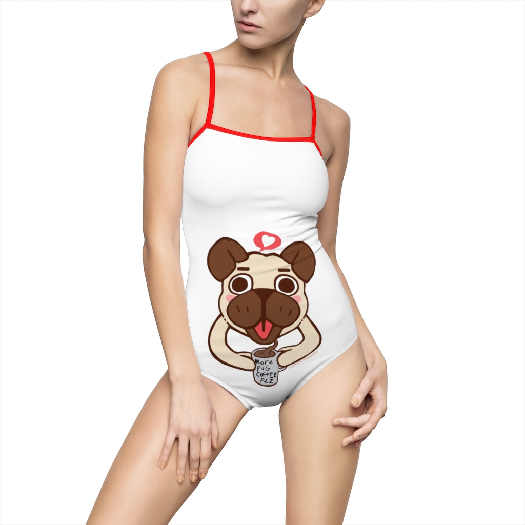More Pug Coffee Please Women's One-piece Swimsuit featuring a hollowed-out back and vibrant print, ideal for fashion-conscious swimmers.