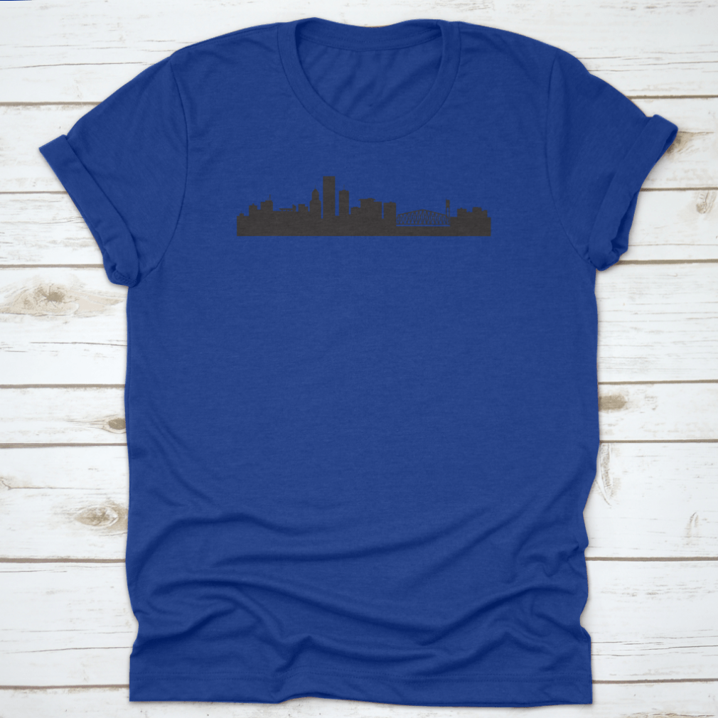 A stylish t-shirt featuring the Morning Portland Oregon City Skyline design, made from soft cotton fabric.