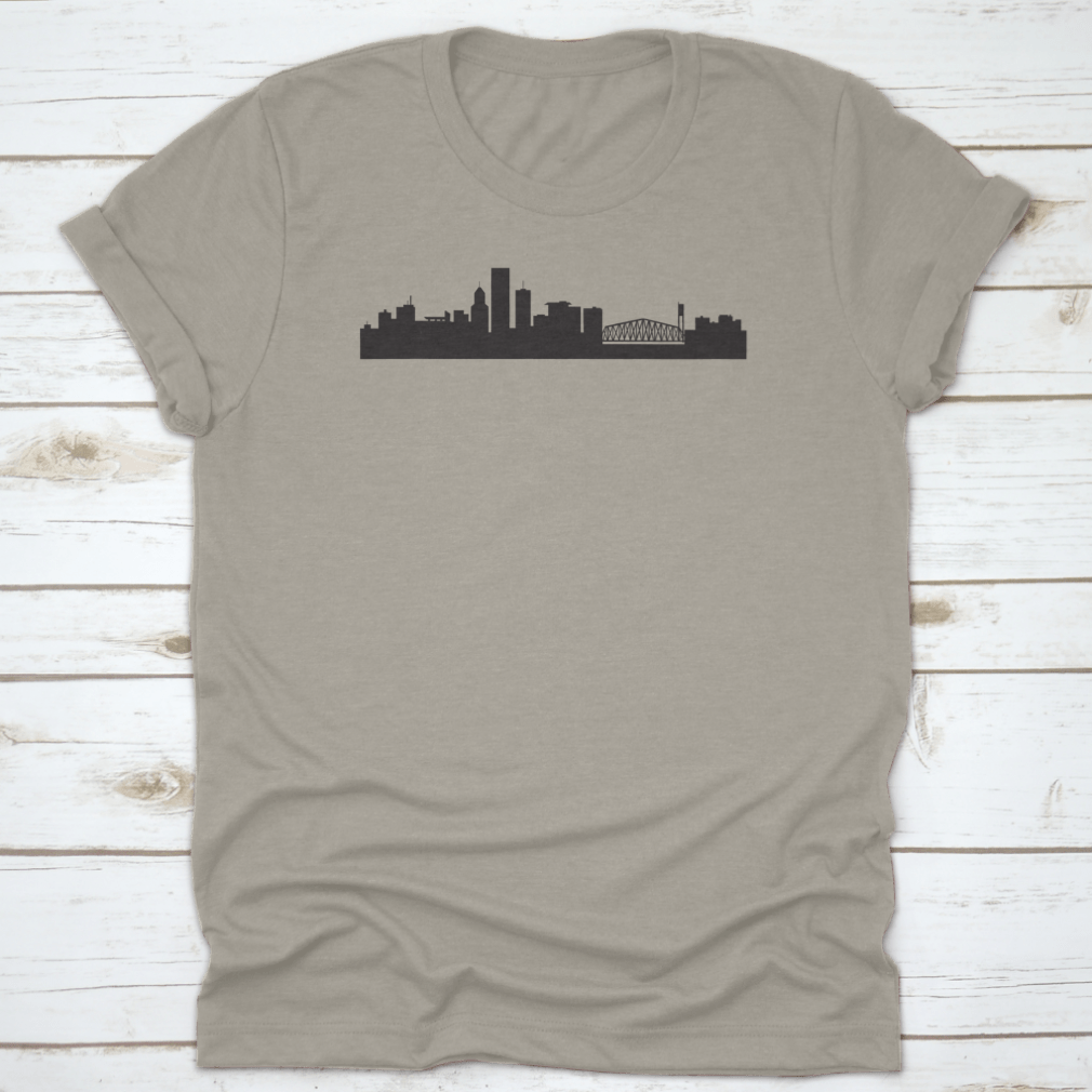A stylish t-shirt featuring the Morning Portland Oregon City Skyline design, made from soft cotton fabric.