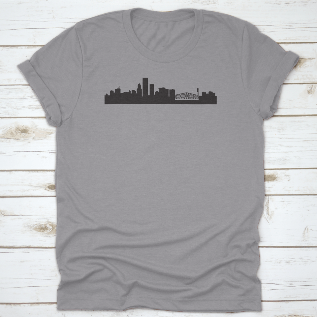 A stylish t-shirt featuring the Morning Portland Oregon City Skyline design, made from soft cotton fabric.
