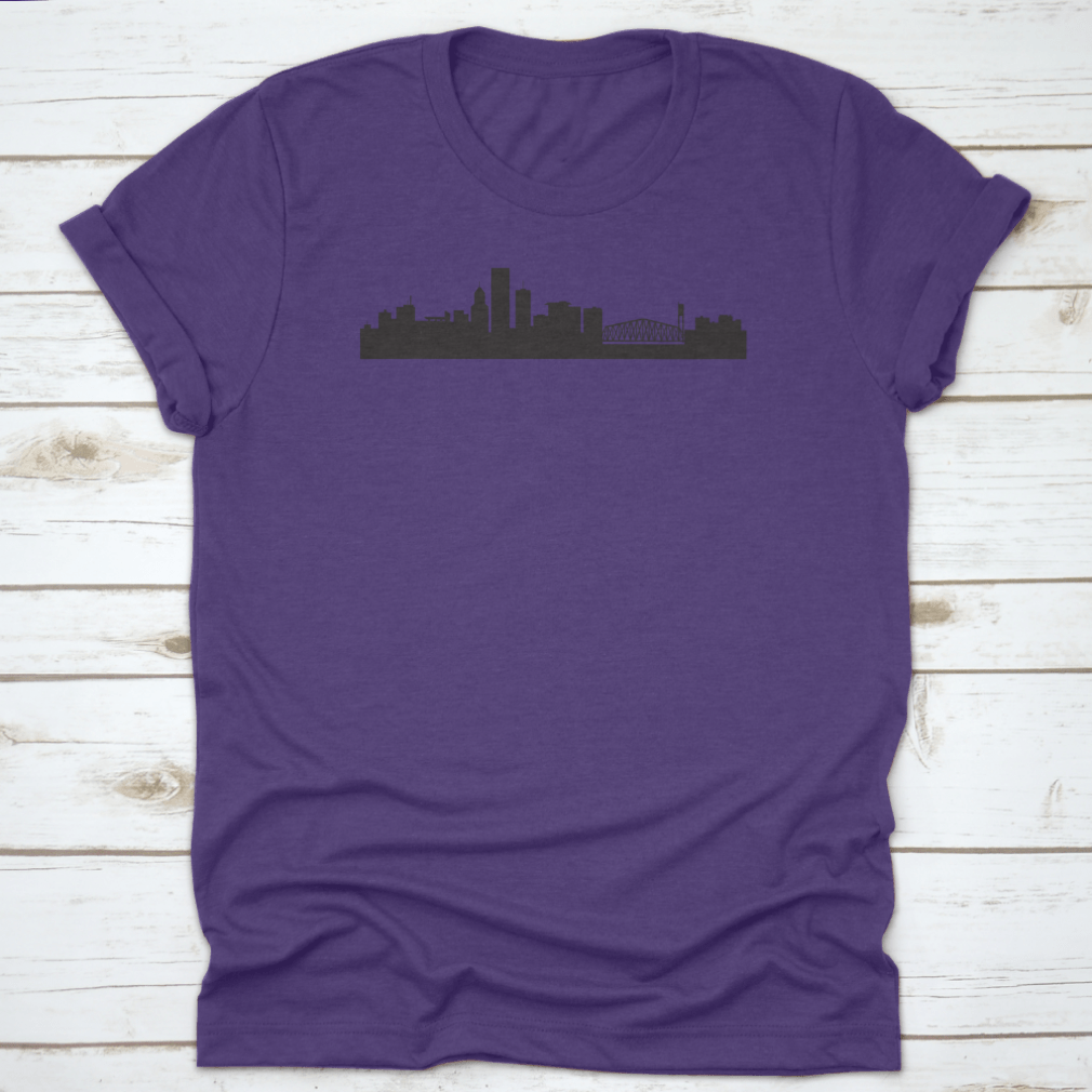 A stylish t-shirt featuring the Morning Portland Oregon City Skyline design, made from soft cotton fabric.